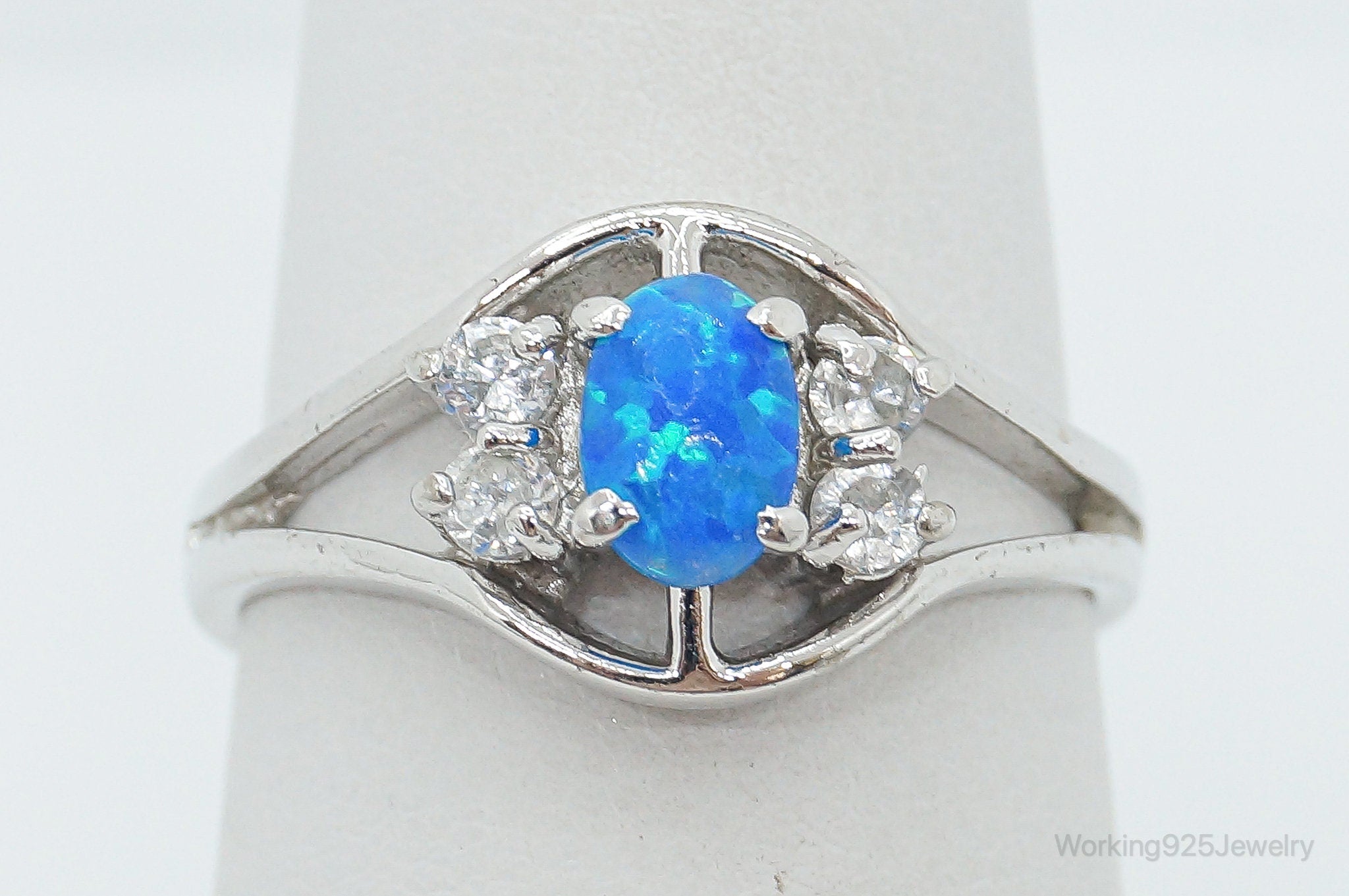 Vintage Blue Opal Cubic Zirconia Sterling Silver Ring - Size 6.5