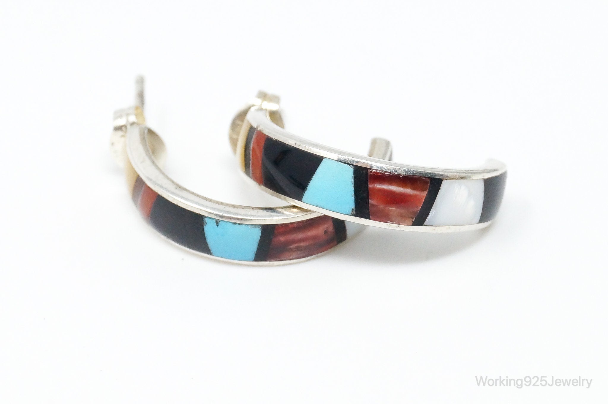 Vintage Handmade Native American Multi Gem Inlay Sterling Silver Earrings