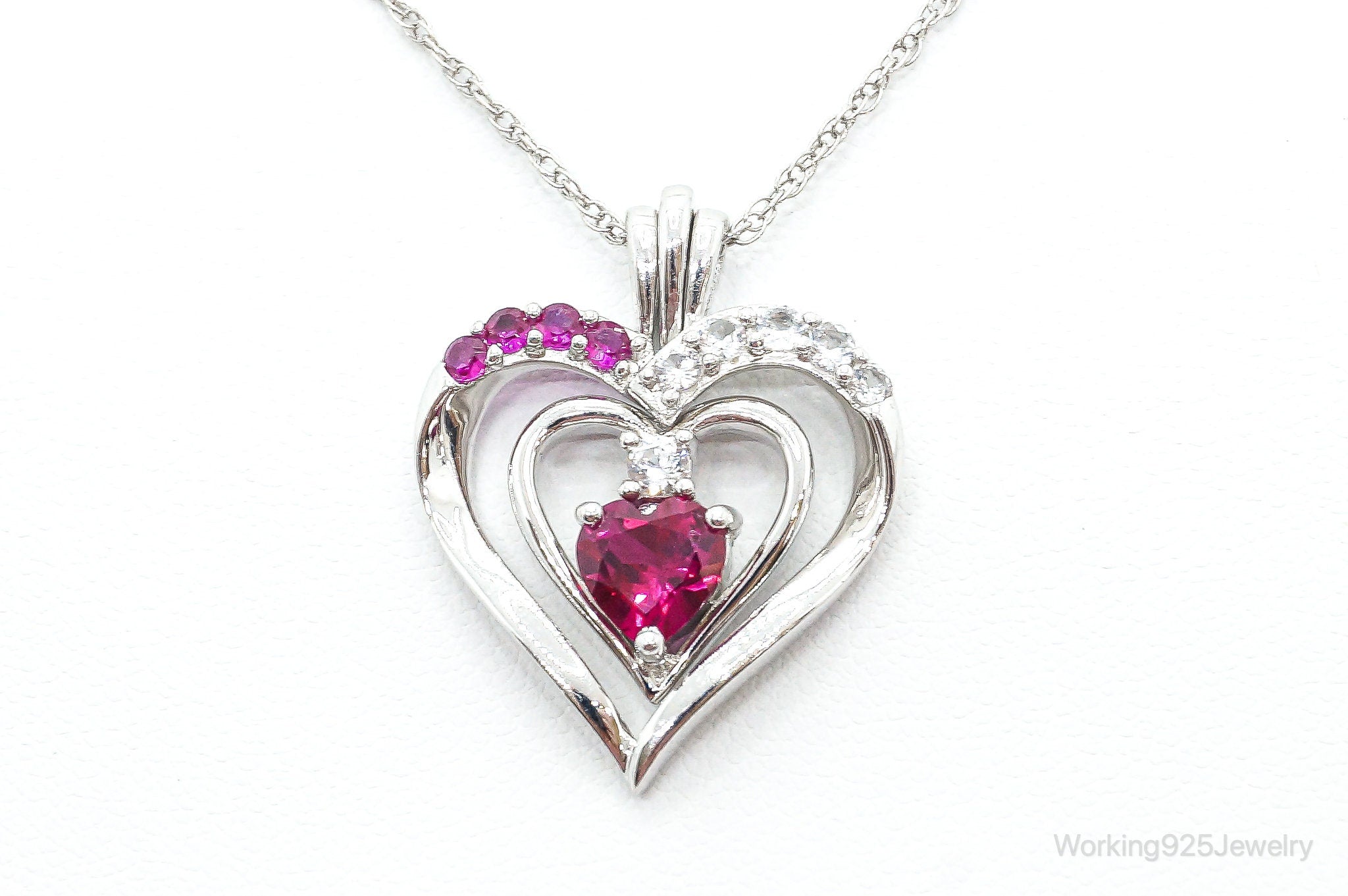 Designer Ruby Cubic Zirconia Heart Sterling Silver Necklace