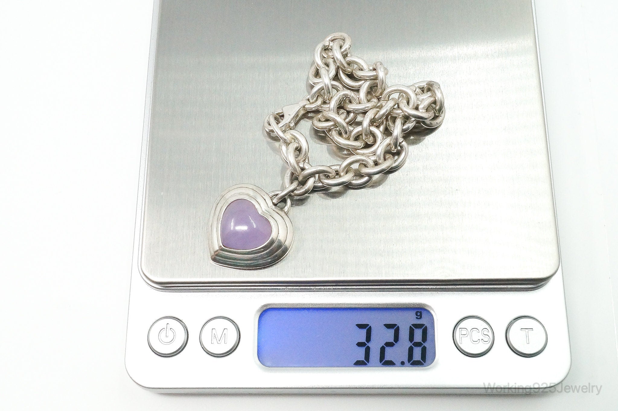 Designer CNA Lavender Jade Heart Chain Link Sterling Silver Bracelet