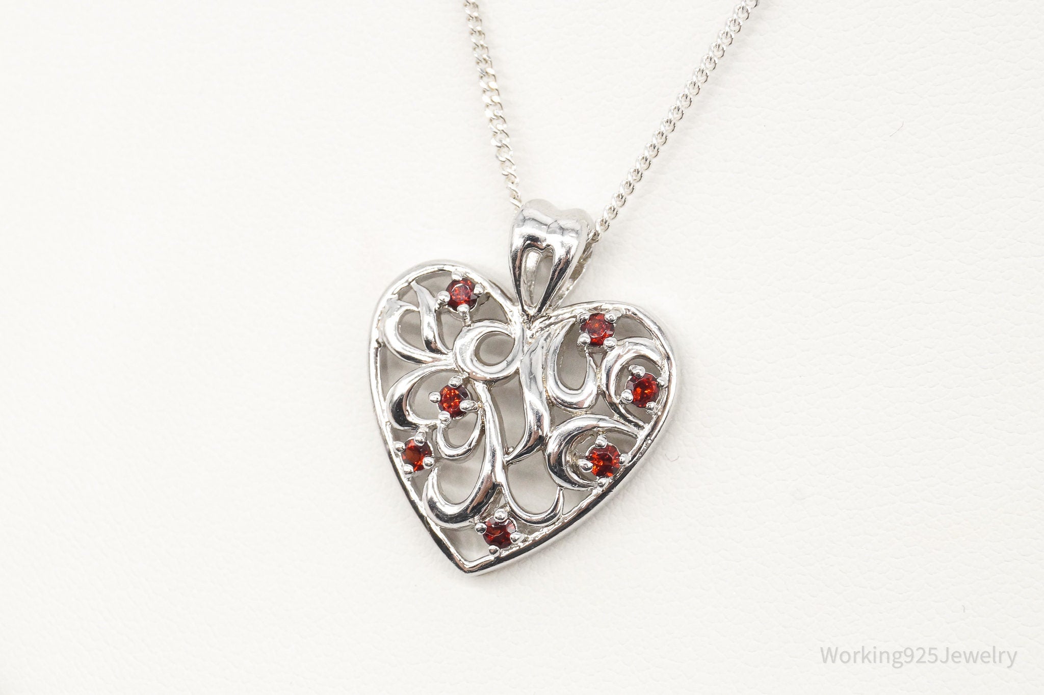 Vintage Garnet Heart Sterling Silver Necklace