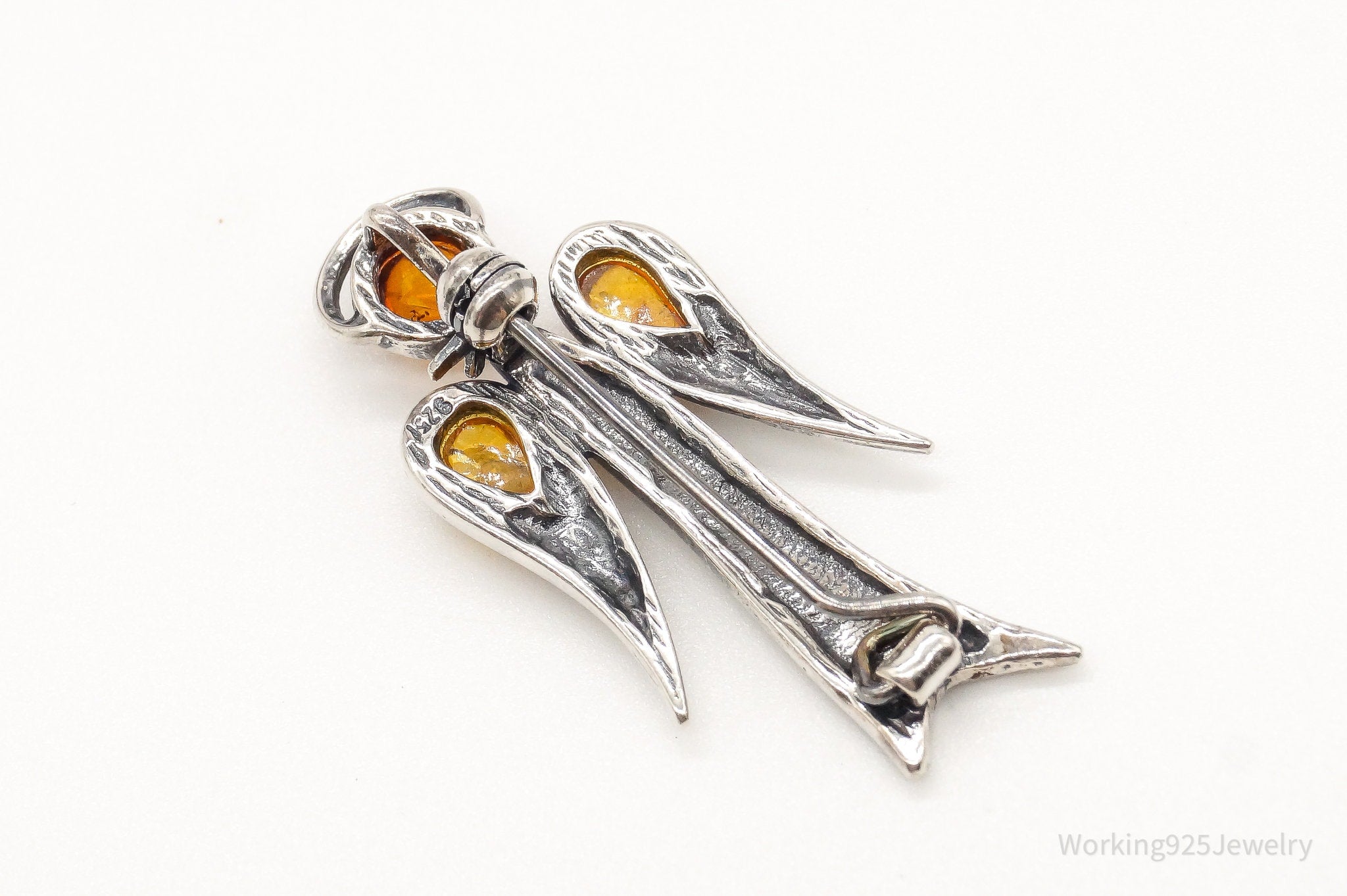 Vintage Amber Angel Sterling Silver Brooch Pin