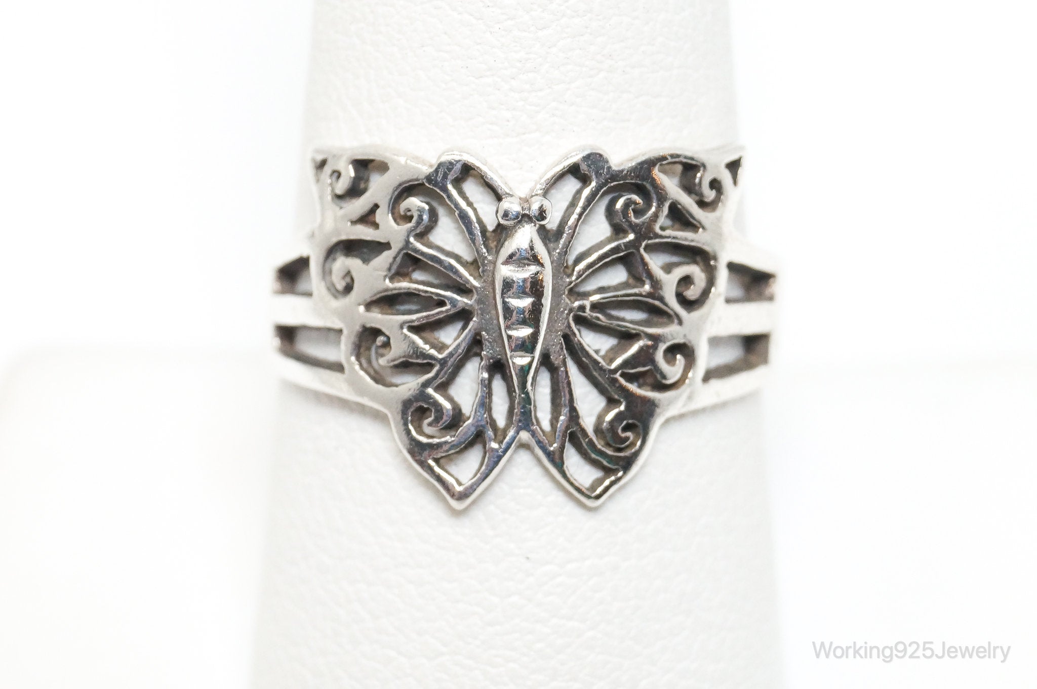 Vintage Butterfly Scroll Sterling Silver Ring - Size 8.75