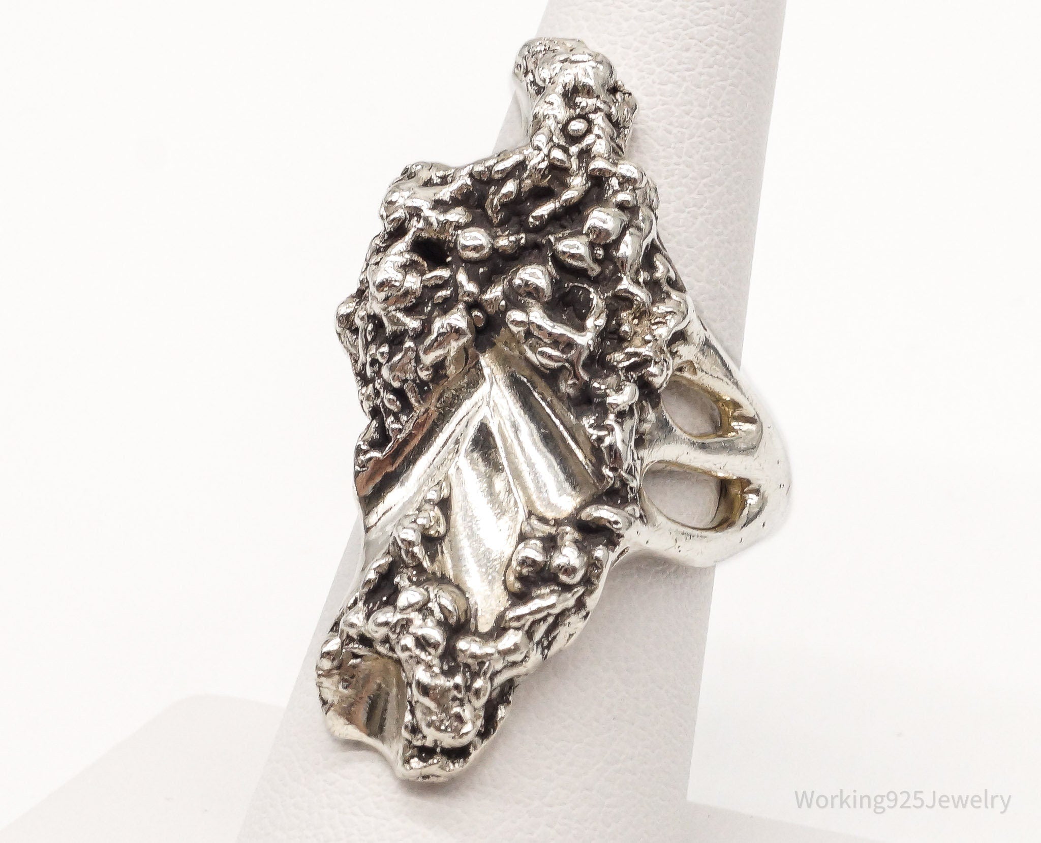 Long Vintage Mid Century Brutalist Silver Ring - Size 6.5