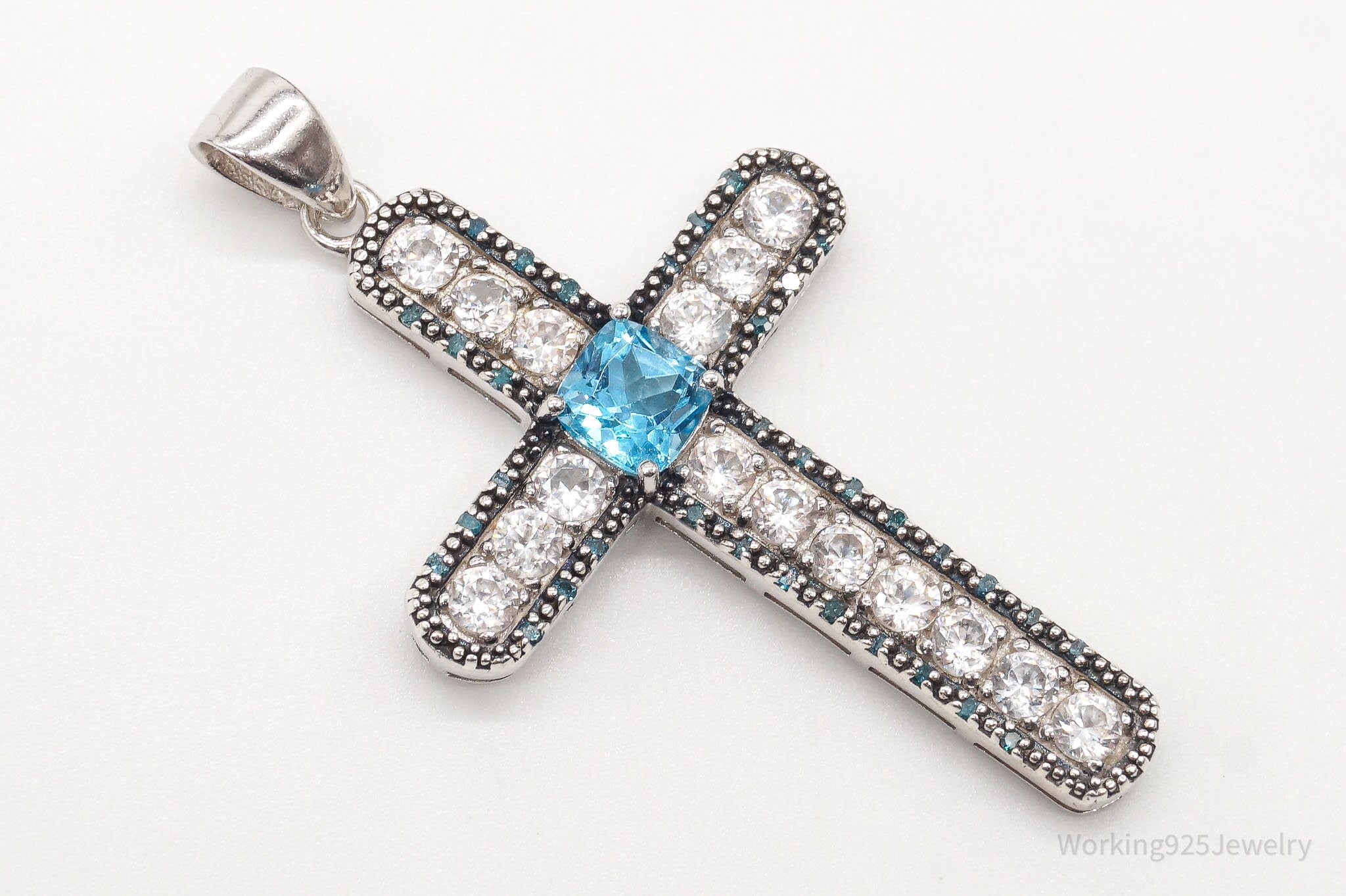 Large Designer Blue Topaz Cubic Zirconia Blue Diamond Sterling Silver Pendant