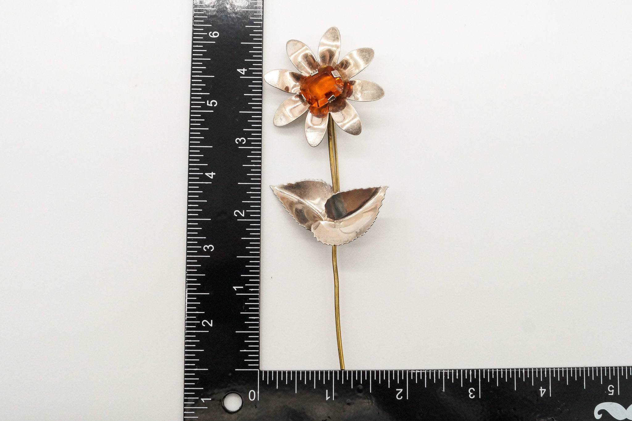 Antique Large Orange Stone Flower Sterling Silver Brooch Pin