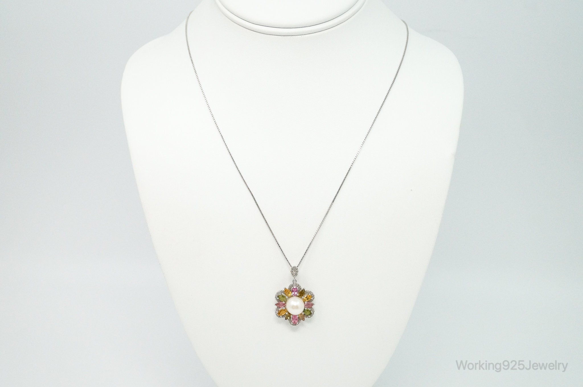 Vintage Designer Multi Stone Flower Sterling Silver Necklace