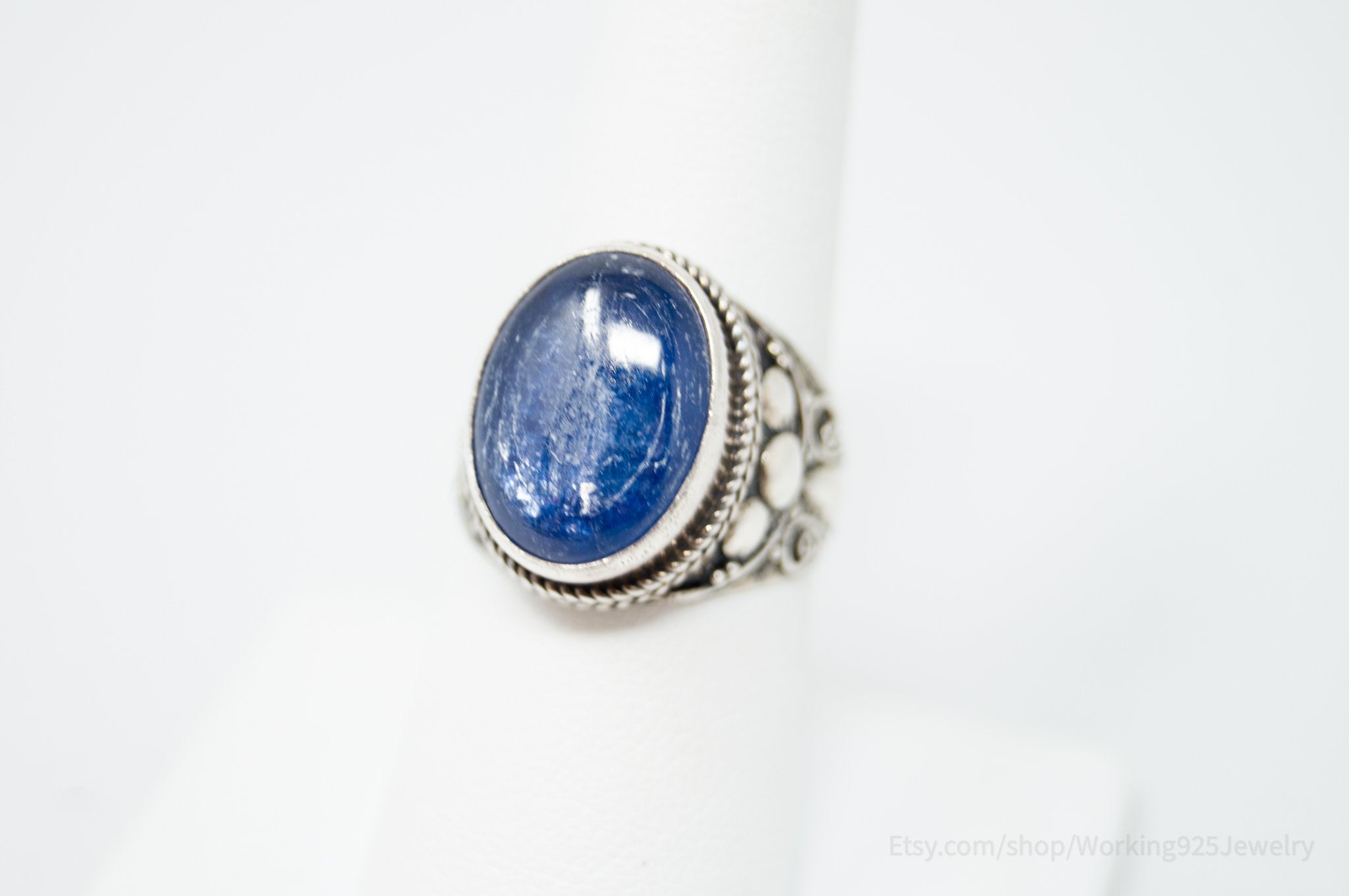 Vintage Bali Style Blue Glass Swirls Filigree Sterling Silver Band Ring - Size 8