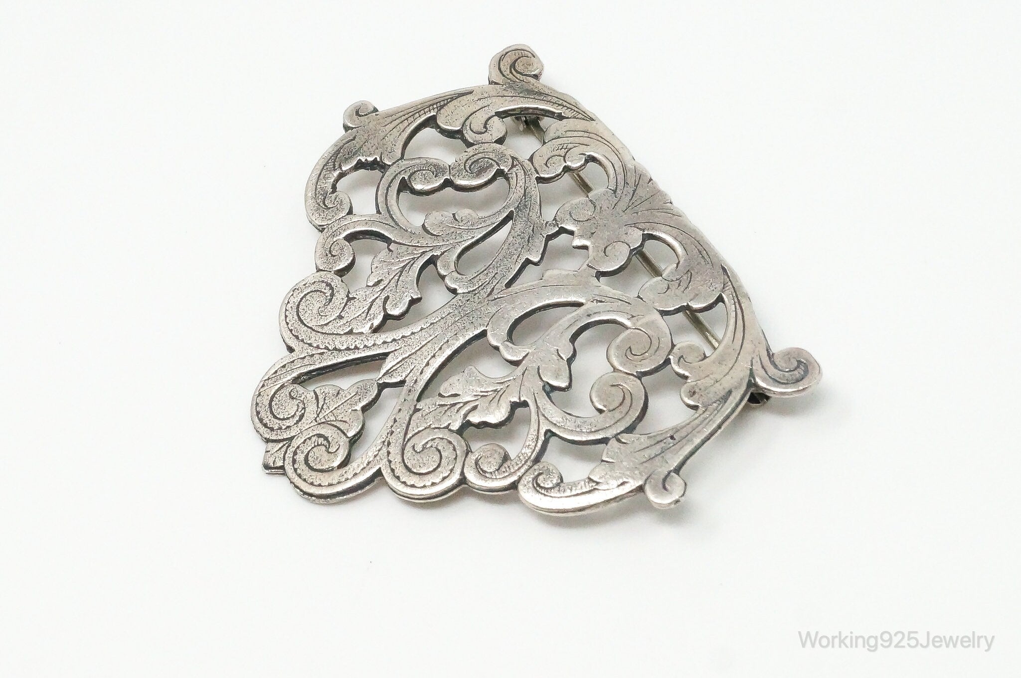 Large Antique Floral Motif Sterling Silver Brooch Pin