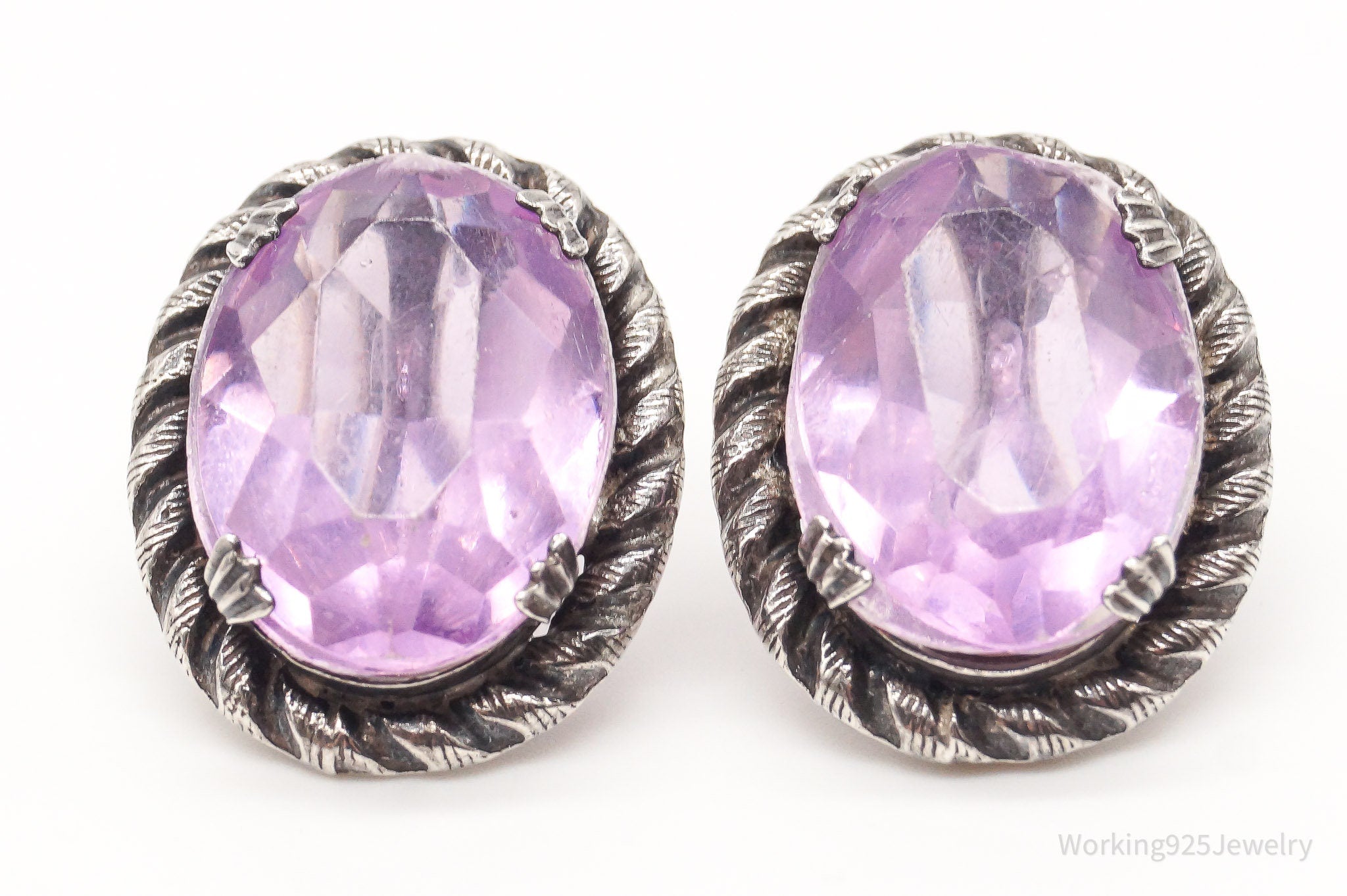 Antique Purple Faux Stone Sterling Silver Screw Back Earrings