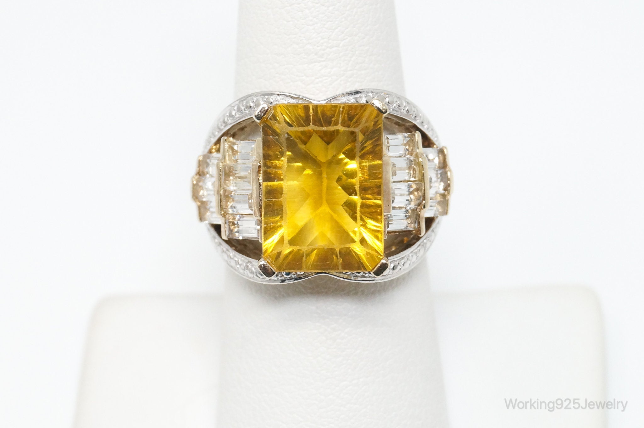 Vintage Art Deco Large Citrine CZ Gold Vermeil Sterling Silver Ring - Size 7