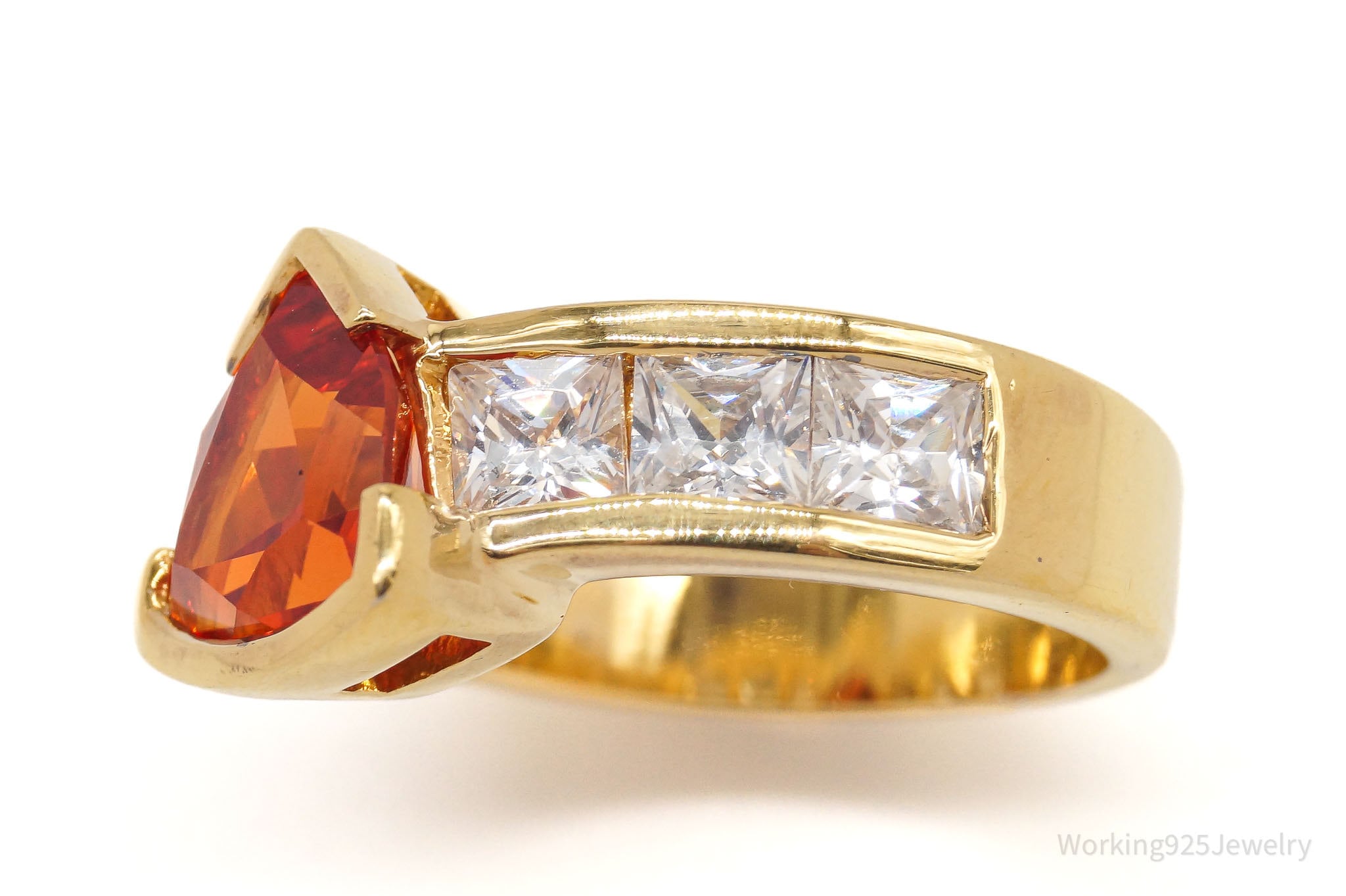 Orange Sapphire Cubic Zirconia Gold Vermeil Sterling Silver Ring - SZ 6.75