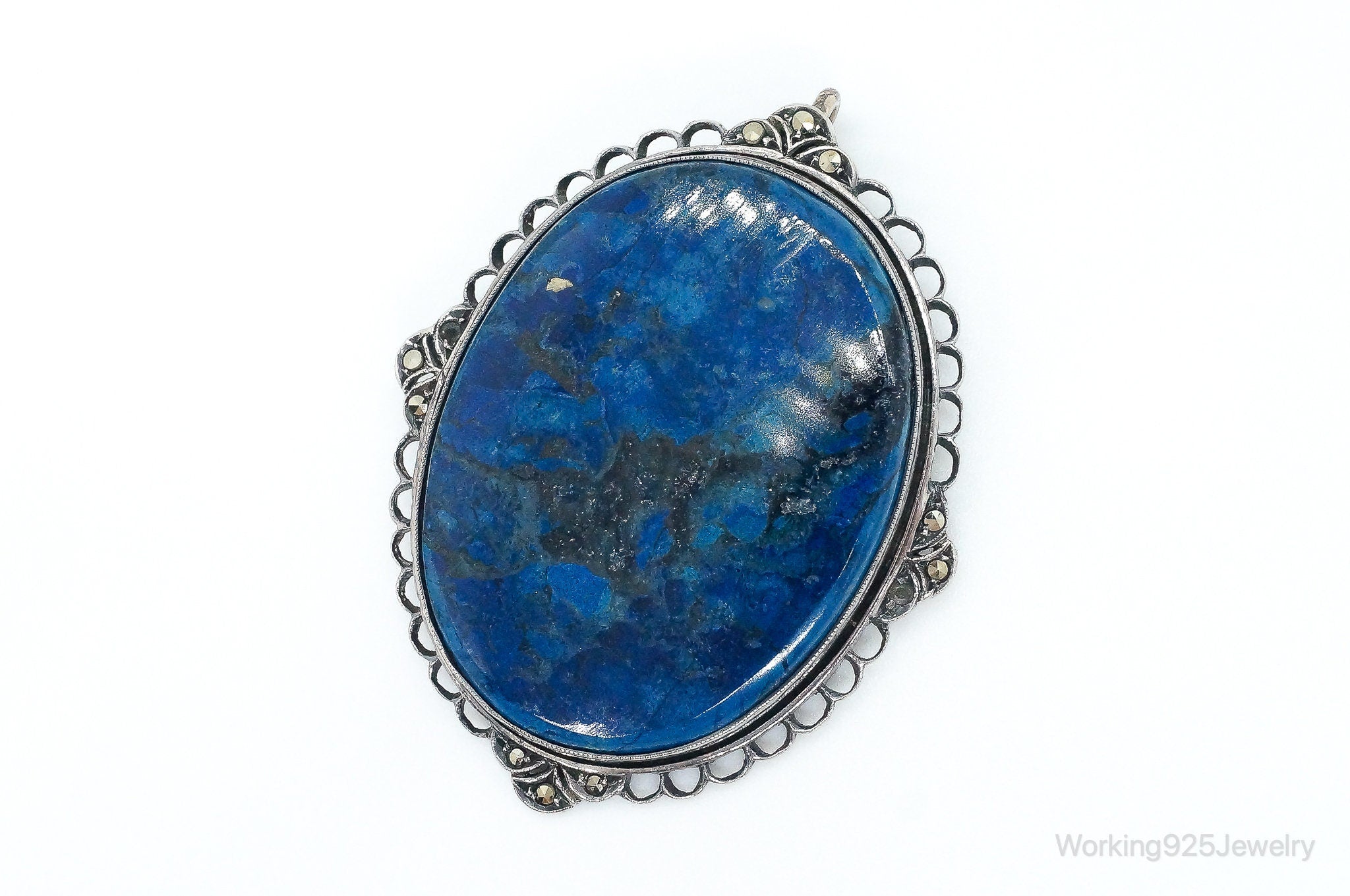 Large Antique Lapis Lazuli Marcasite Sterling Silver Pendant