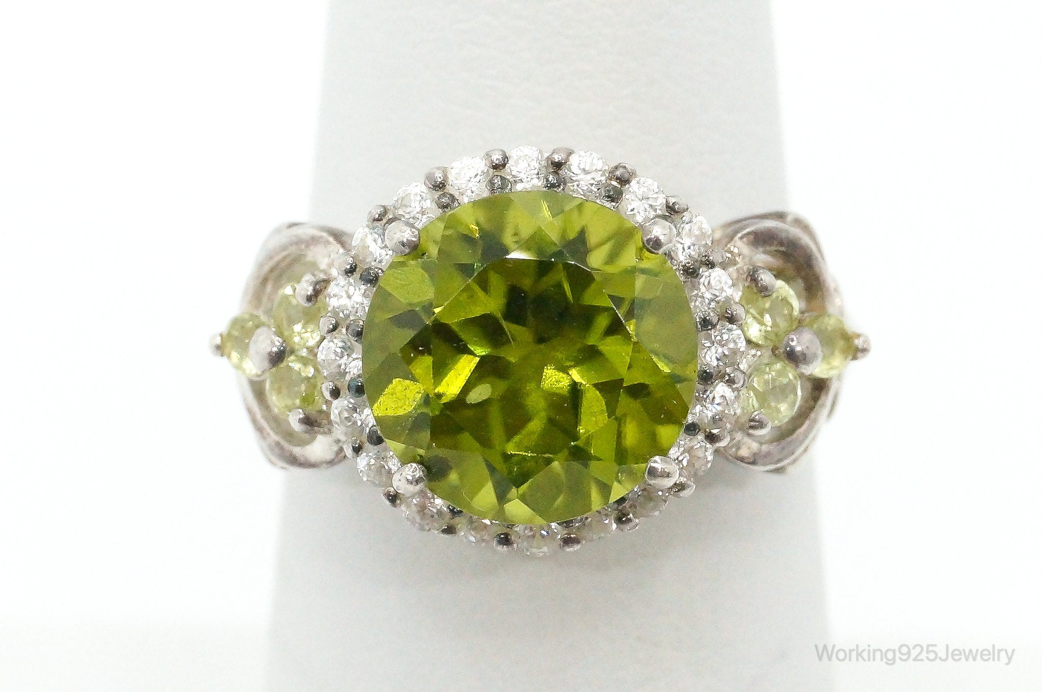 Designer KH Large Peridot Cubic Zirconia Sterling Silver Ring - Size 6