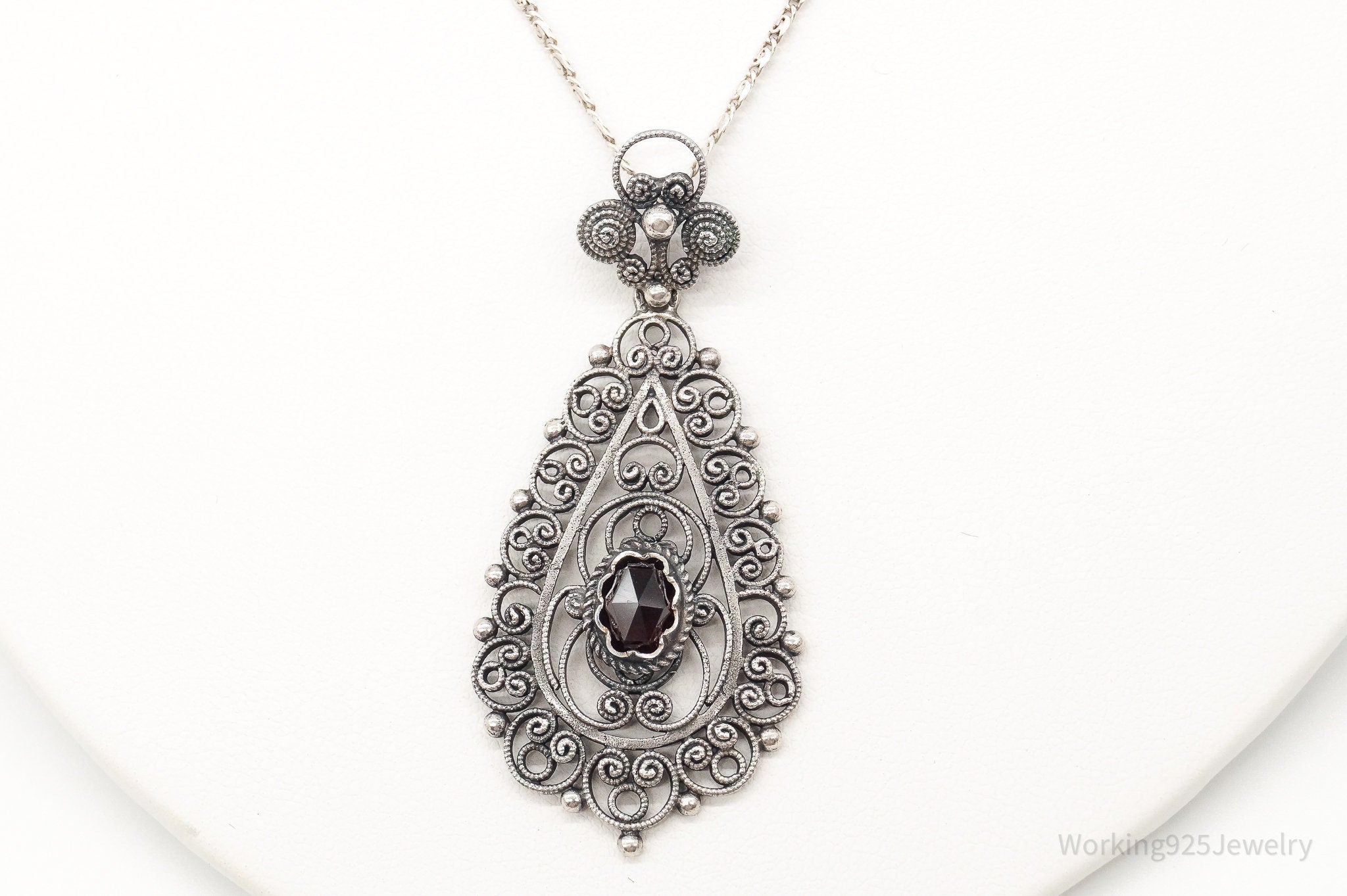 Vintage Garnet Filigree 835 Silver Necklace