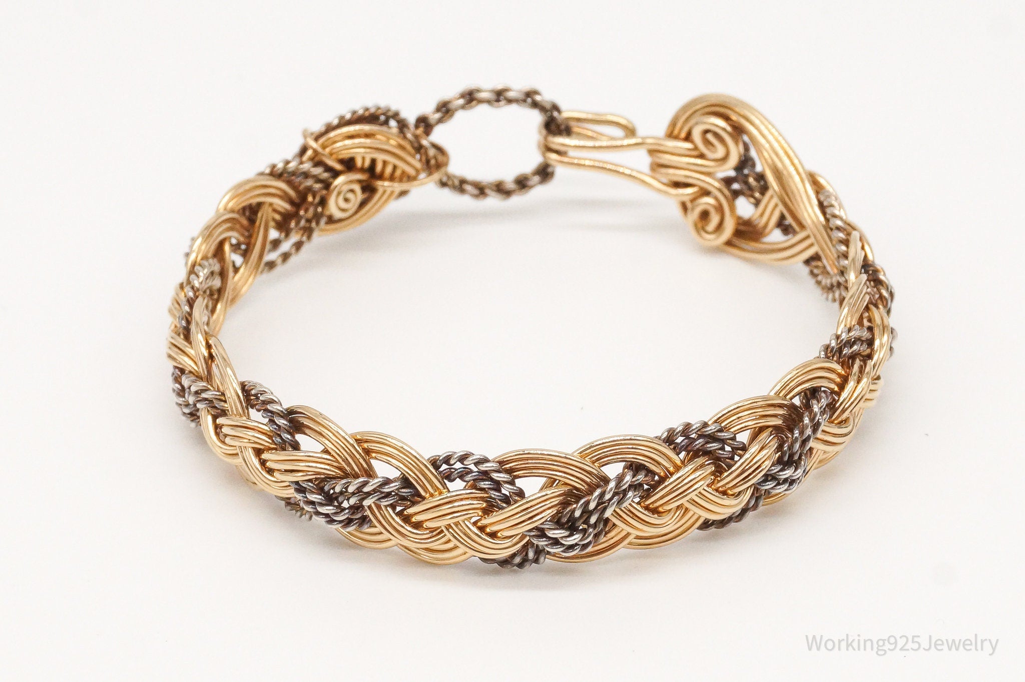 Vintage Intricate Filigree Rope Weave Braid Brass Silver Bracelet