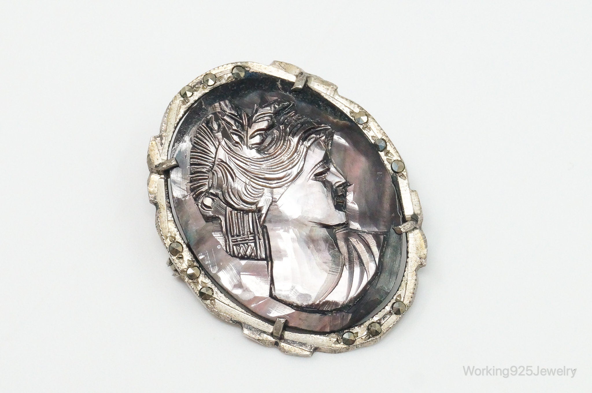 Antique Carved Abalone Shell Marcasite Woman Cameo 800 Silver Pendant Pin