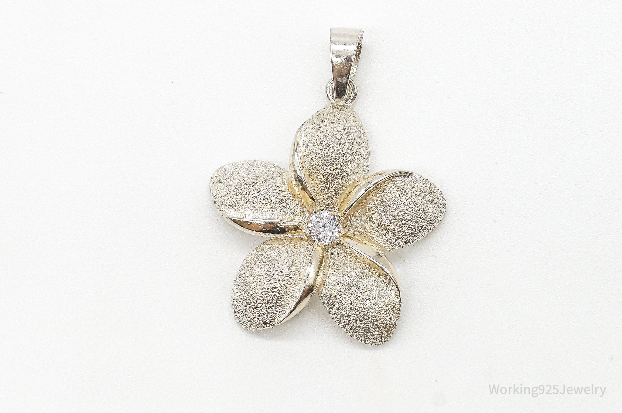 Large Vintage Cubic Zirconia Flower Sterling Silver Pendant