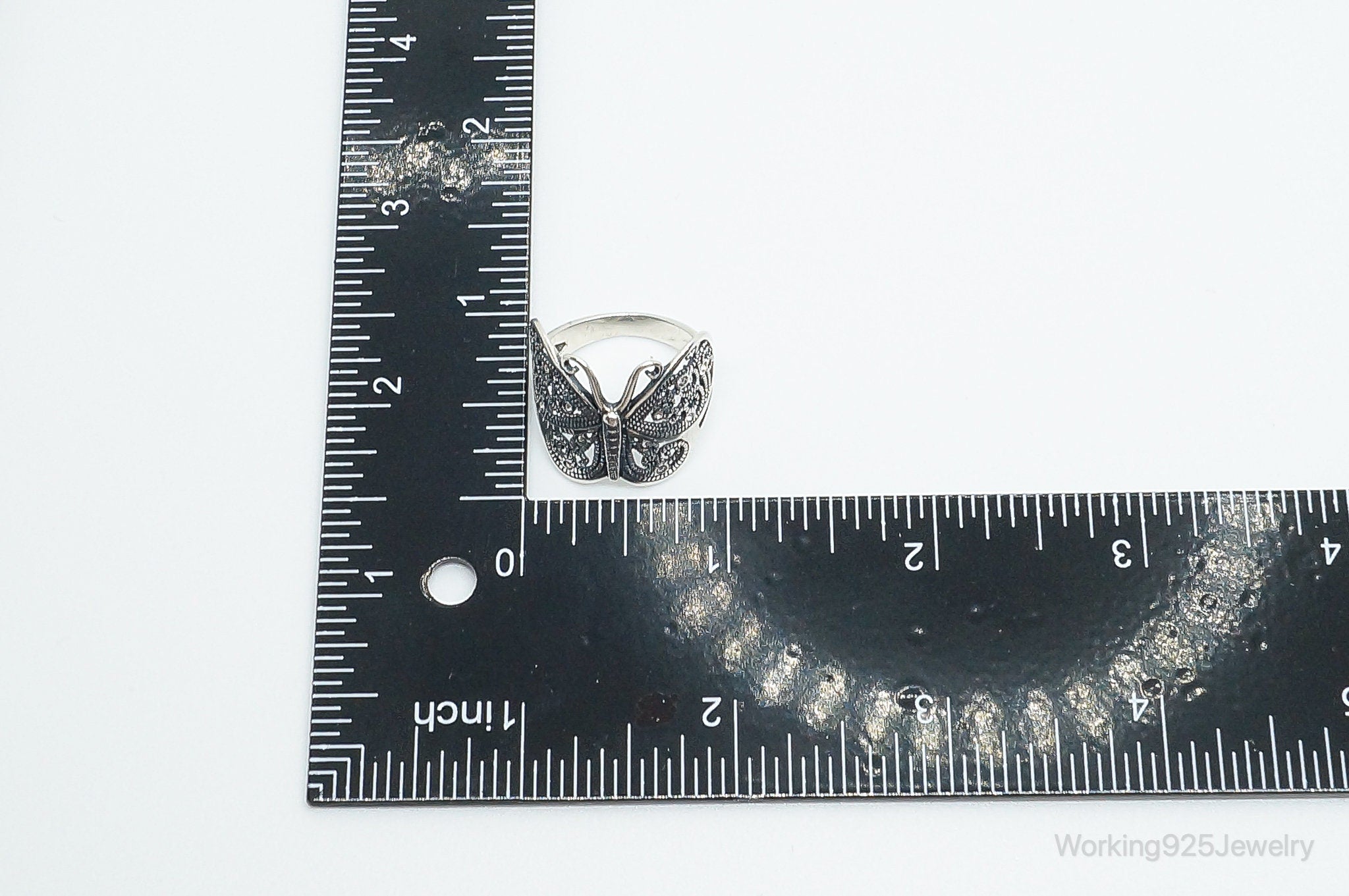 Vintage Butterfly Cubic Zirconia Scroll Sterling Silver Ring - Size 9.5