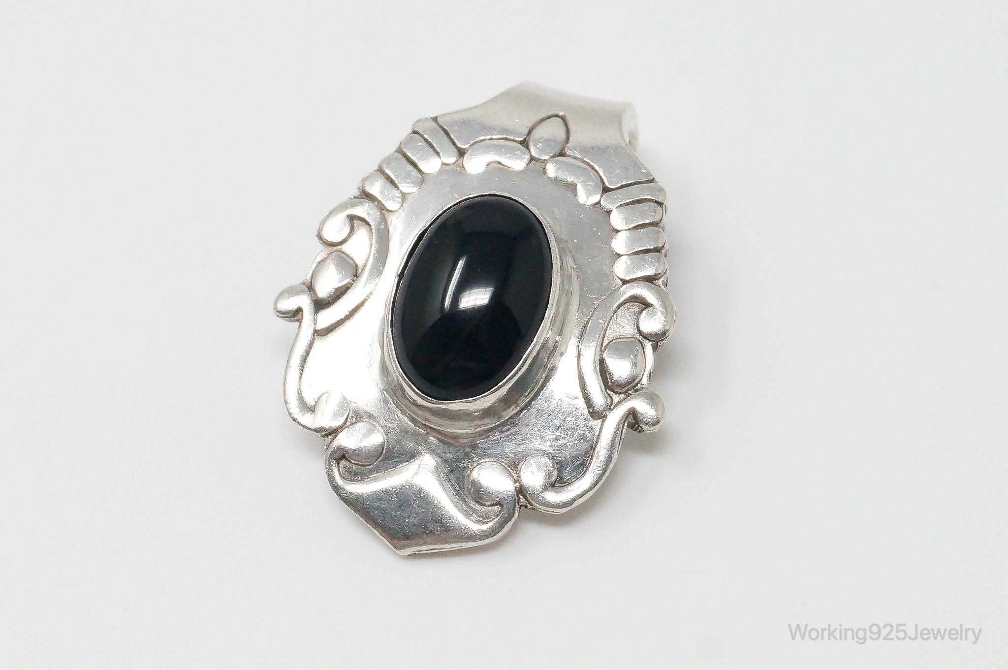 Large Vintage Mexico Black Onyx Art Deco Sterling Silver Pendant