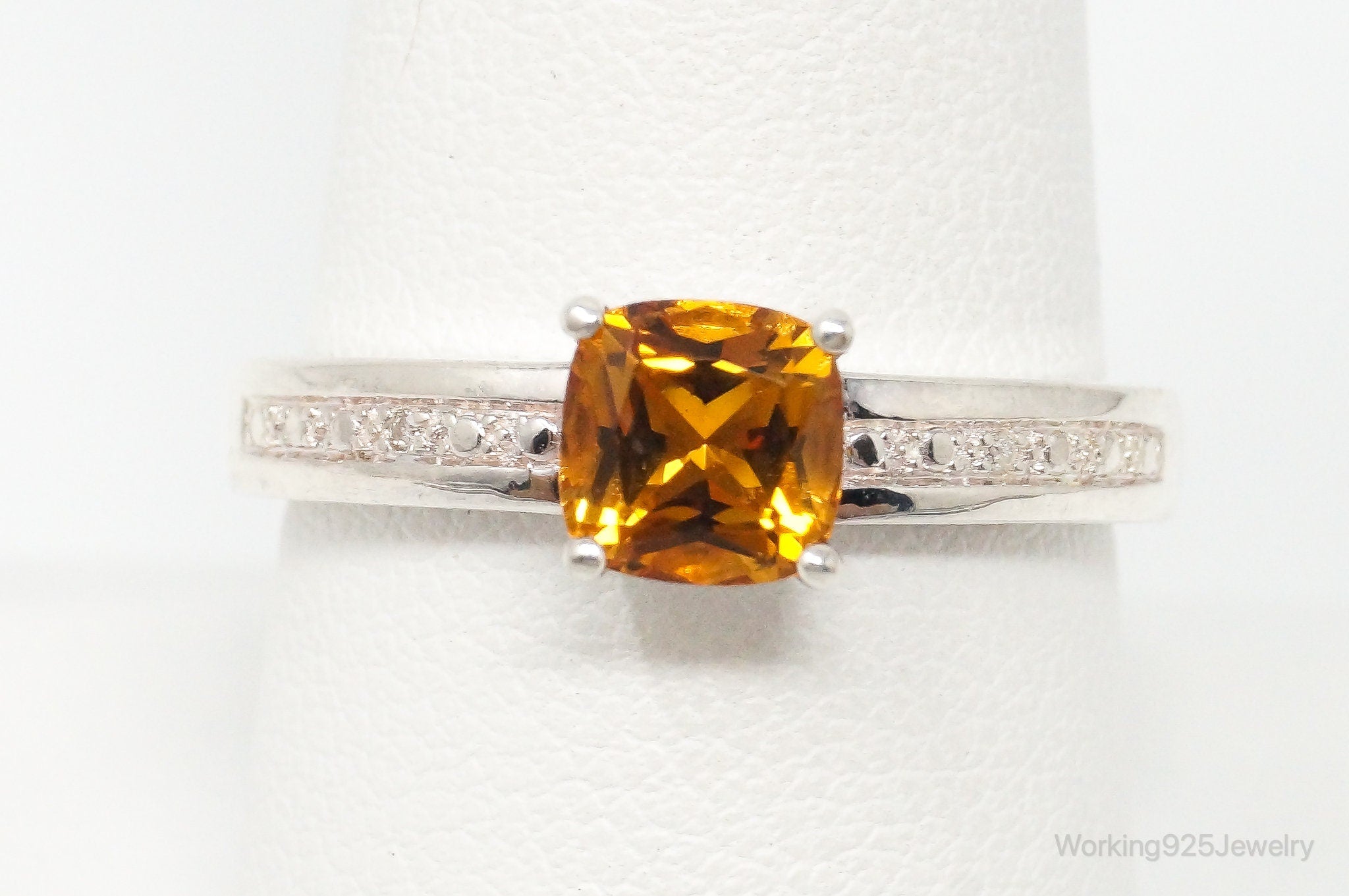 Vintage Cushion Solitaire Citrine 2 Diamond Sterling Silver Ring Size 9