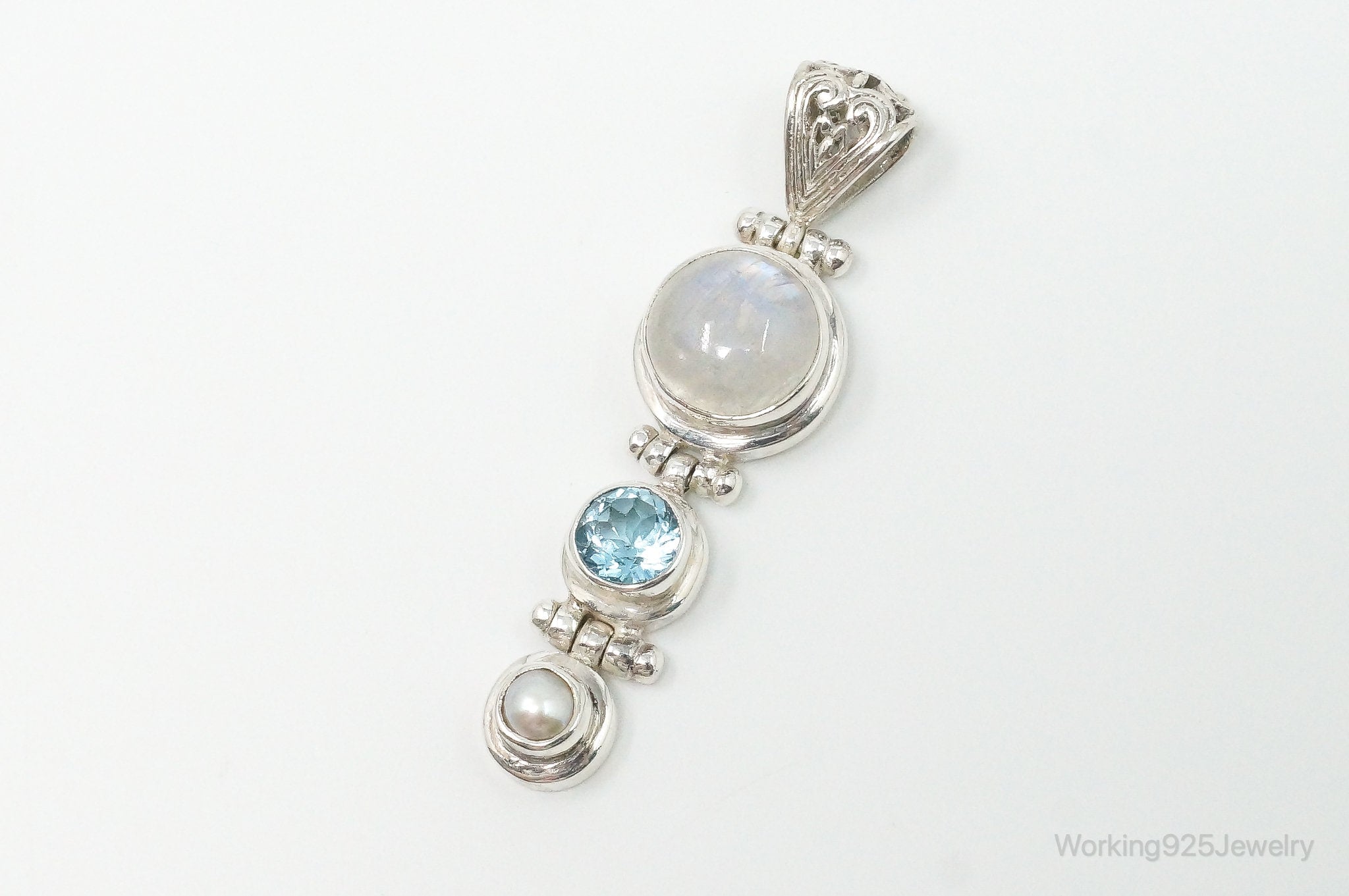 Large Designer SJ Blue Topaz Moonstone Pearl Sterling Necklace Pendant