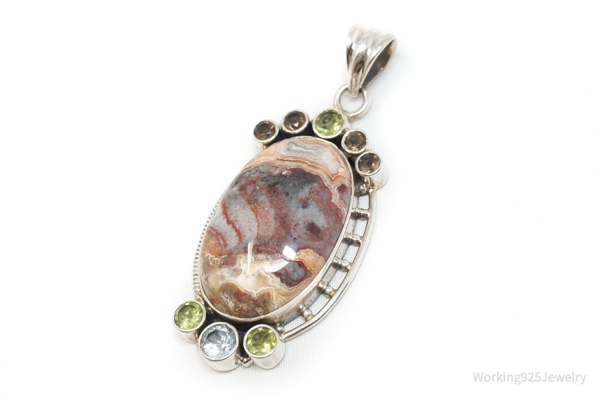 Vintage Large Brown Crazy Lace Agate Peridot Sterling Silver Necklace Pendant