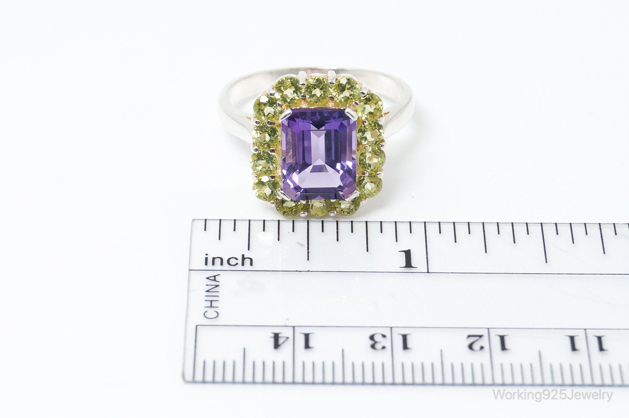 Vintage Designer Amethyst Peridot Sterling Silver Statement Ring - Size 9.75