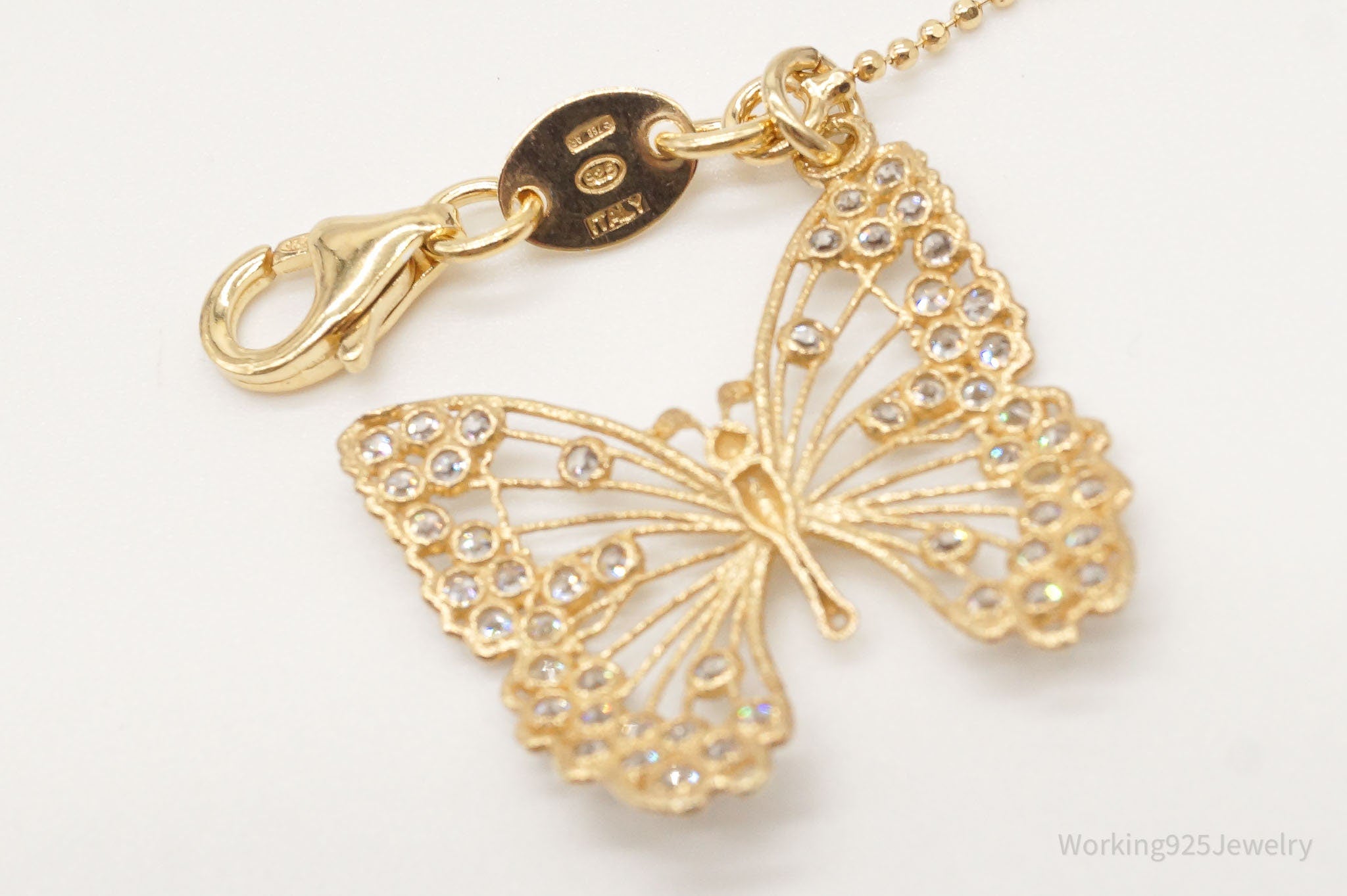 Large Vintage Butterfly Cubic Zirconia Gold Vermeil Sterling Silver Necklace