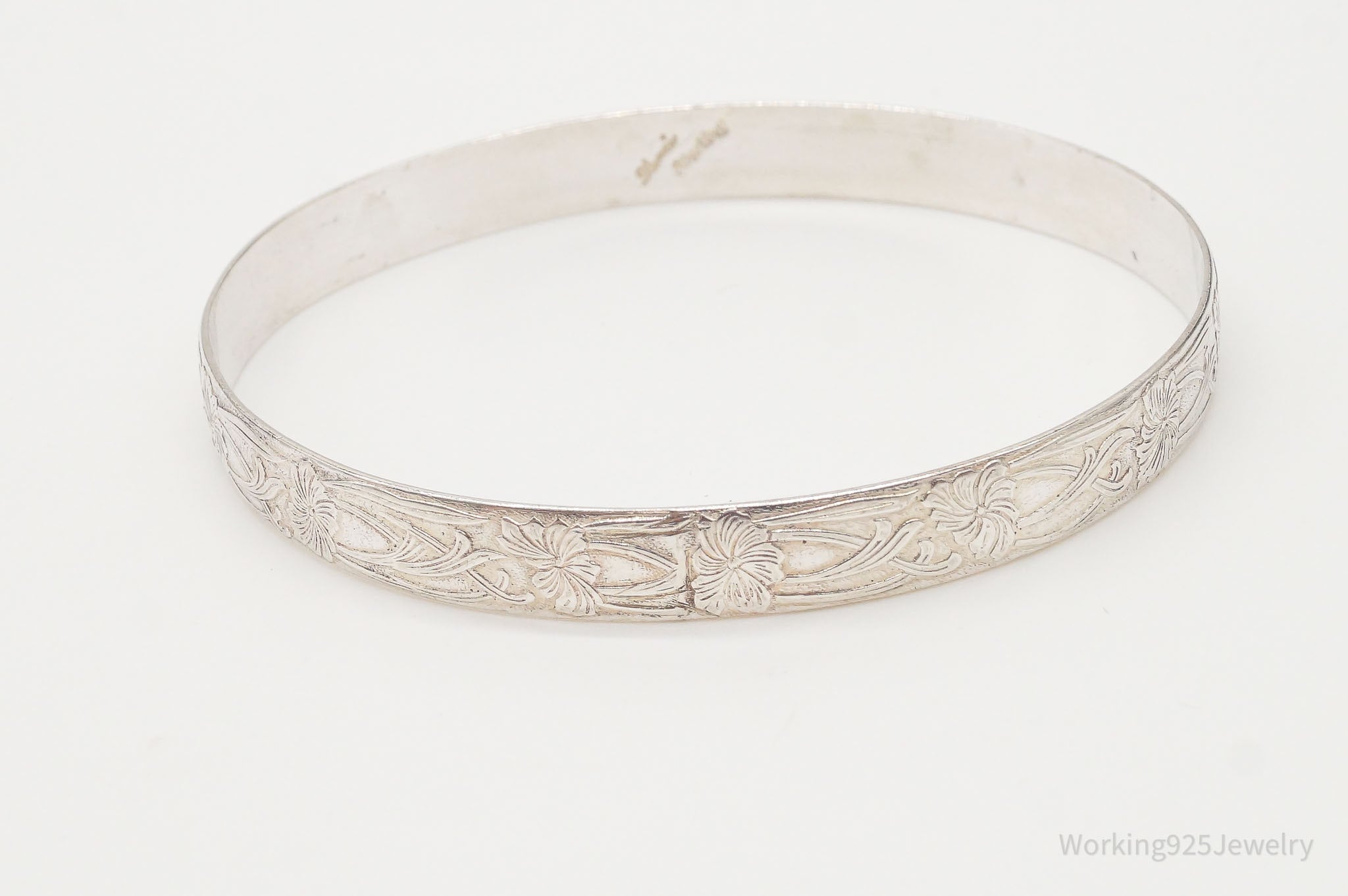 Antique Crocus Flower Art Nouveau Sterling Silver Bangle Bracelet