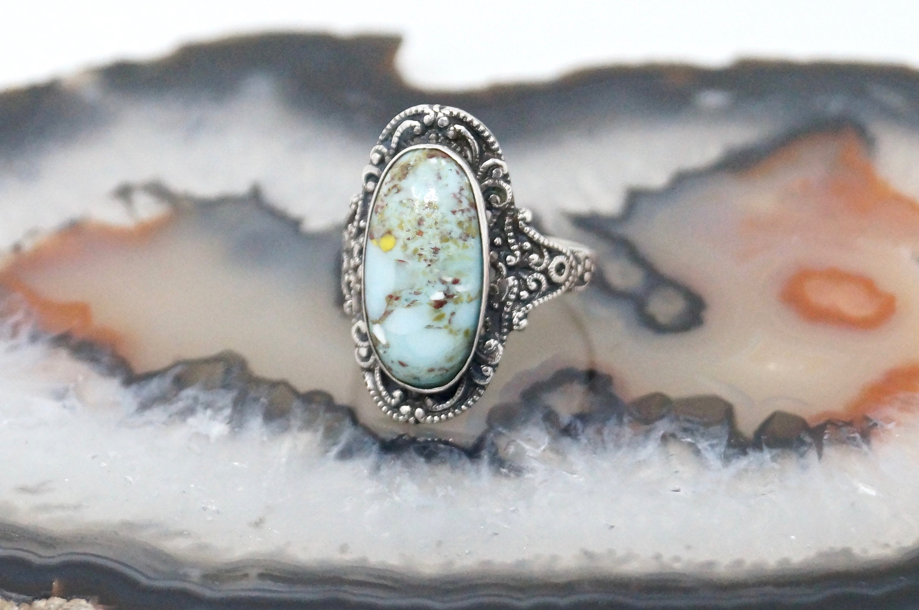 Vintage Art Nouveau Early 1900s Style Turquoise Sterling Silver Ring - Size 5