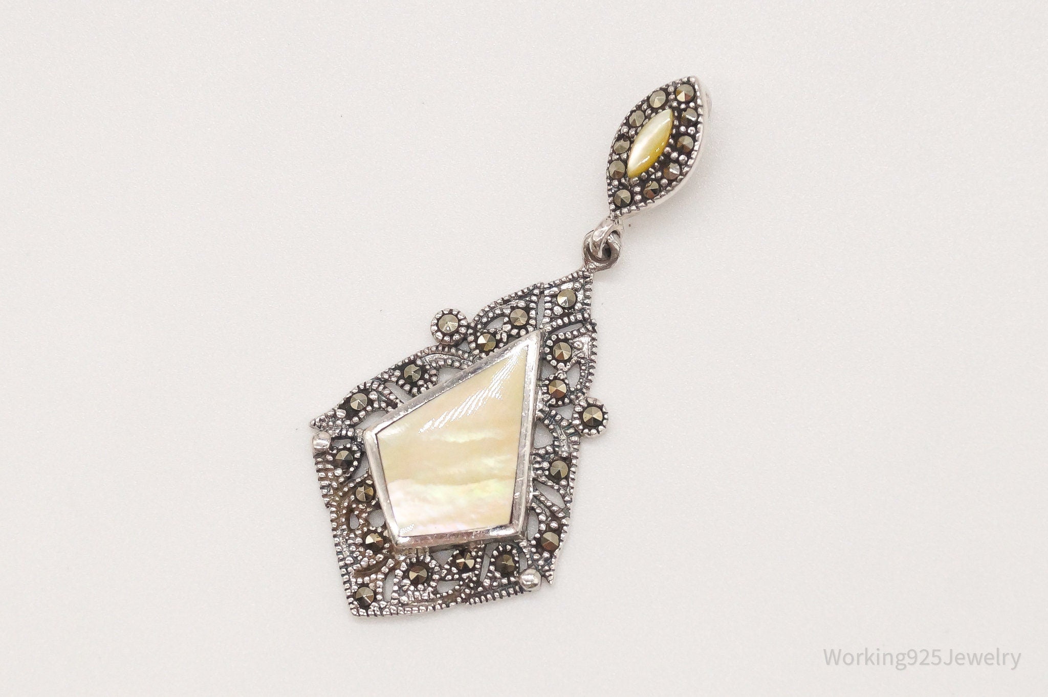 Vintage Art Deco Mother Of Pearl Marcasite Sterling Silver Pendant