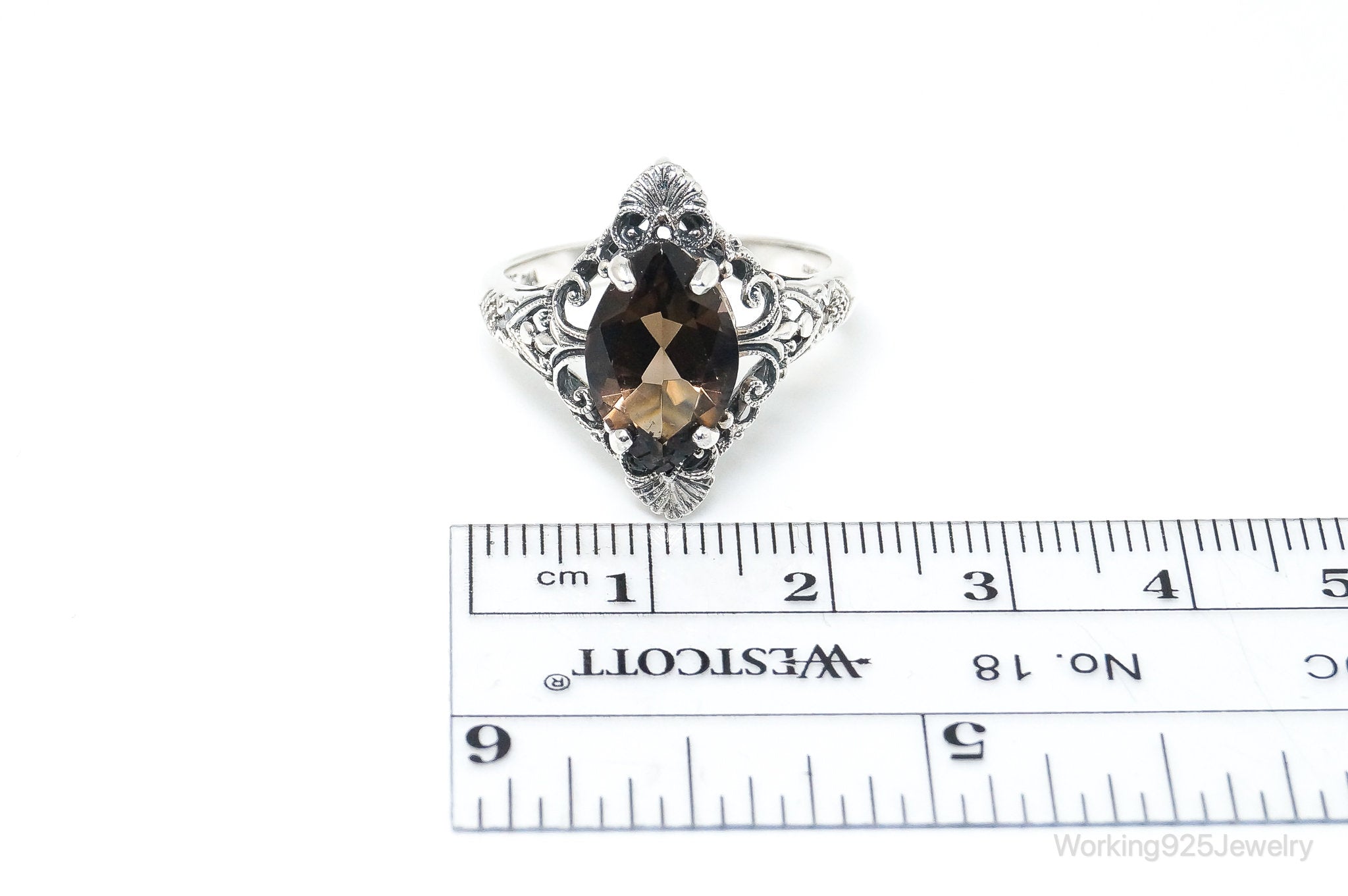 Vintage Designer CNA Smoky Topaz Scroll Sterling Silver Ring - SZ 9