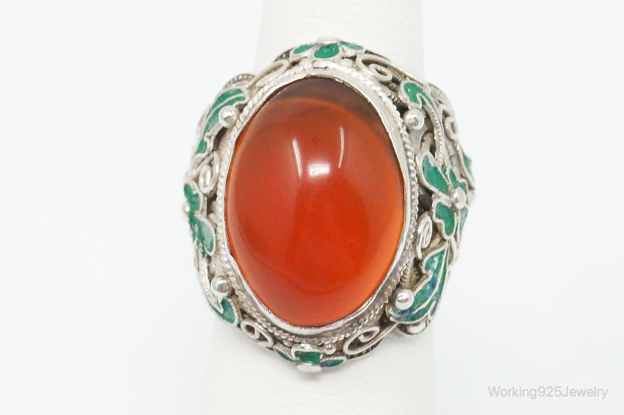 Vintage Large Carnelian Enamel Filigree Silver Ring - Size 5.25