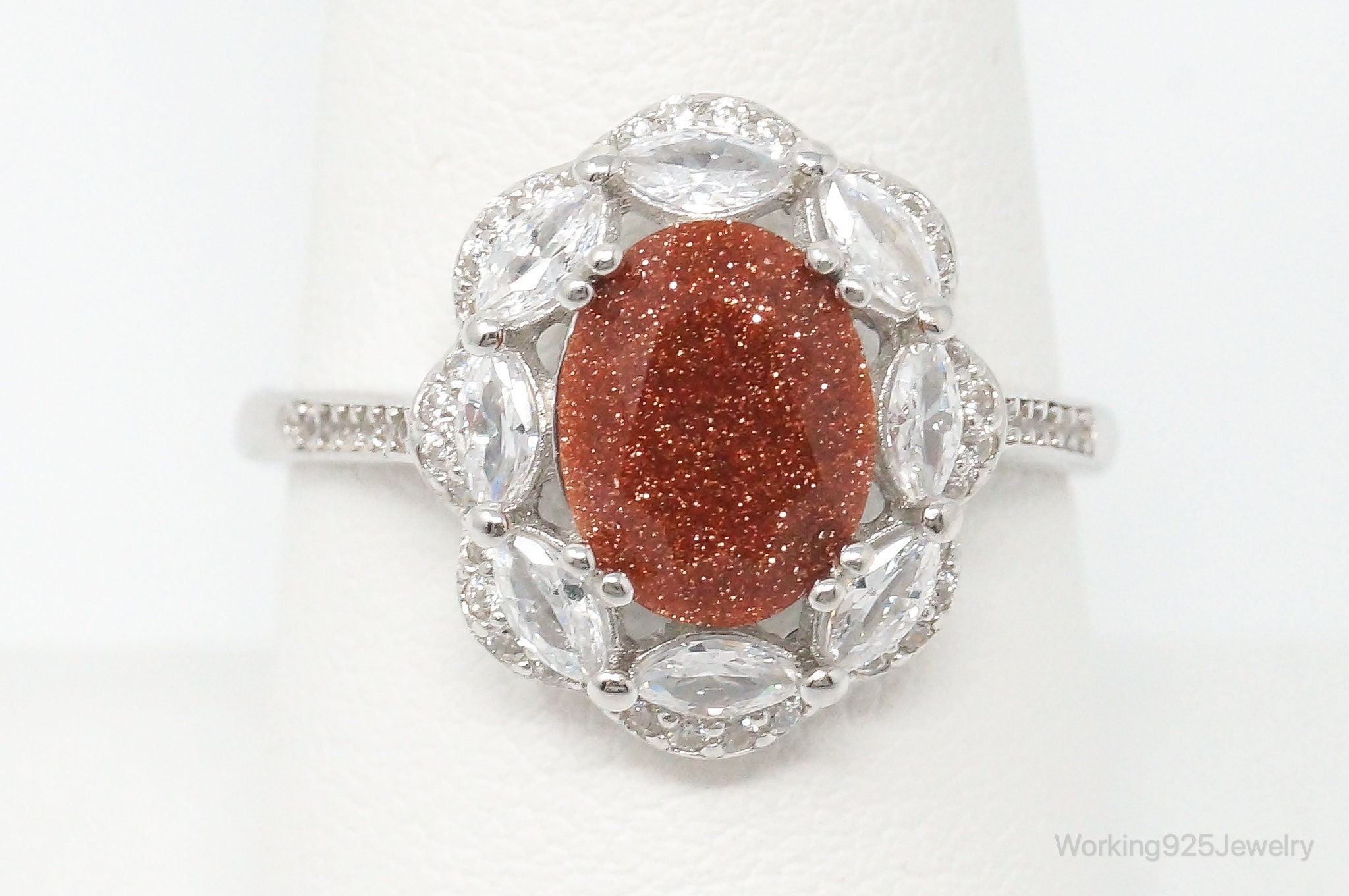 Goldstone Cubic Zirconia Flower Sterling Silver Ring - Size 8.75 Adjustable