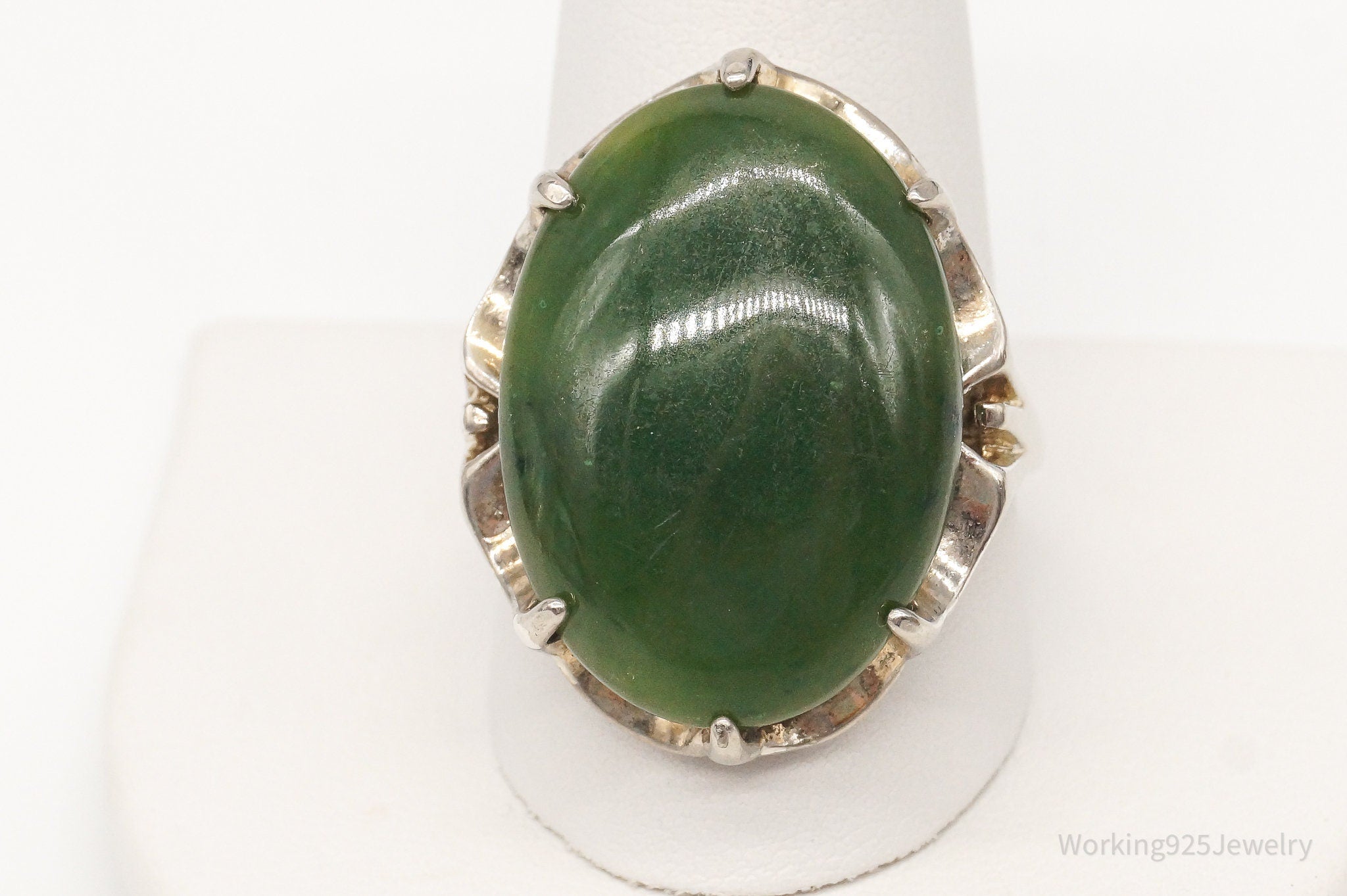 Antique Large Nephrite Jade Sterling Silver Ring - Size 10.75