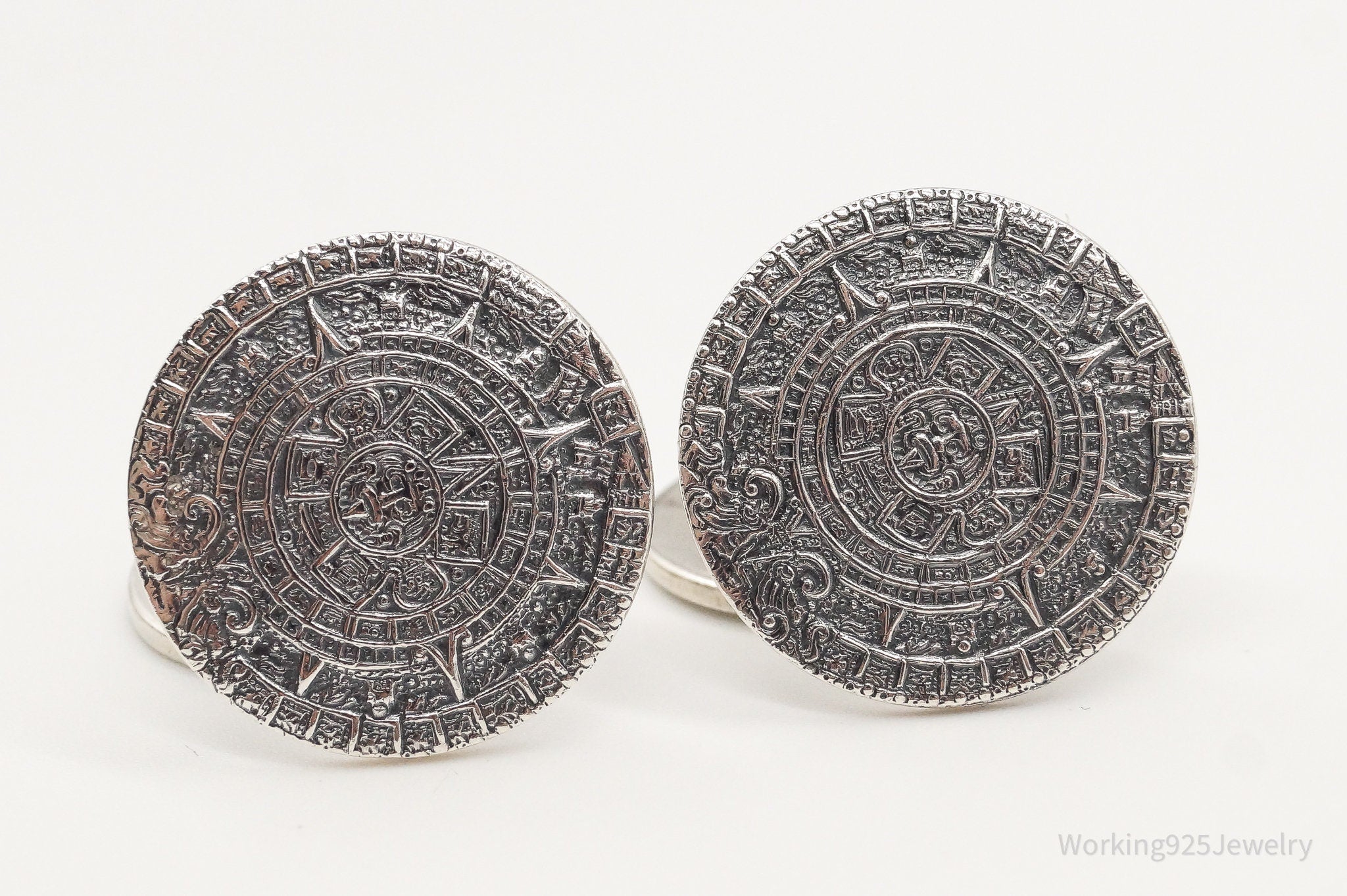 Large Vintage Mexico Mayan Calendar Sterling Silver Cufflinks