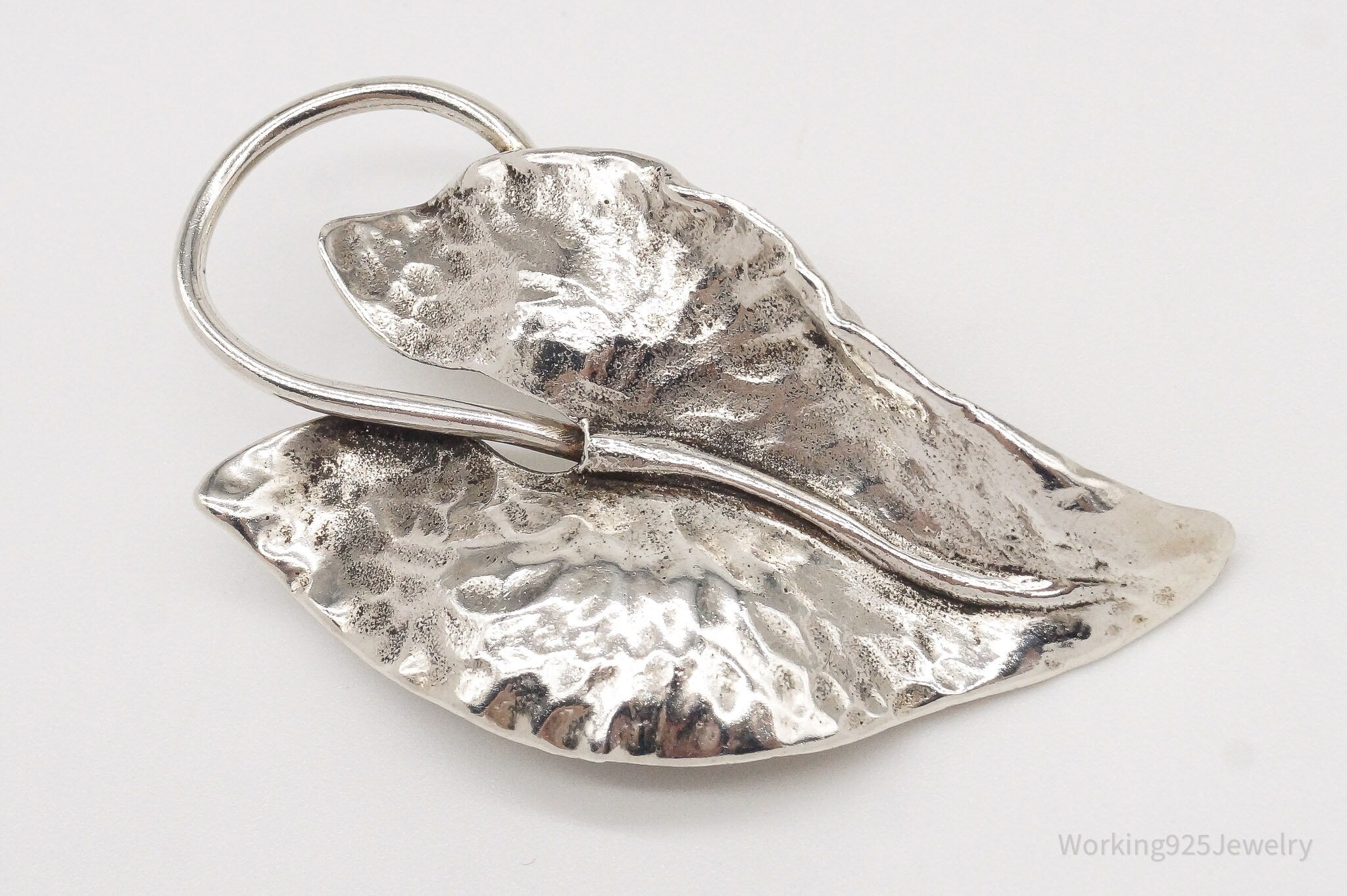 Large Antique Sterling Silver Leaf Pin Brooch