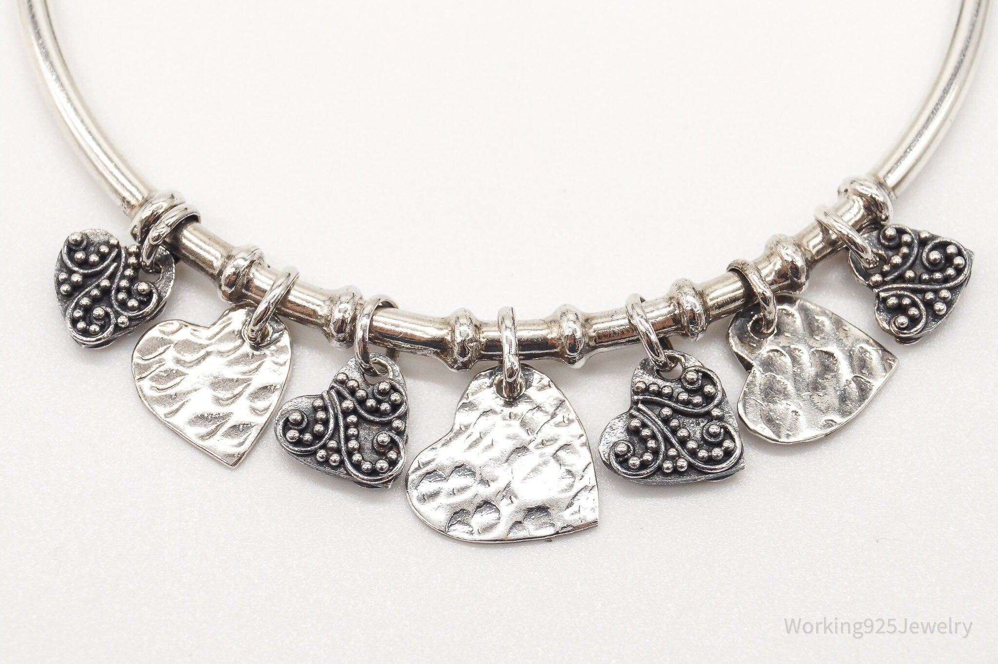 Vintage Heart Charms Sterling Silver Bangle Bracelet