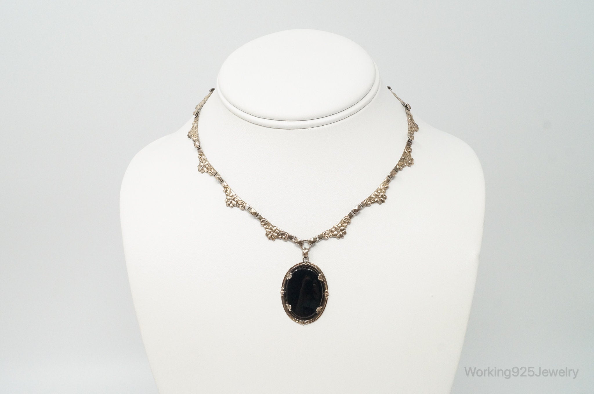 Vintage Designer Symmetalic Black Onyx 14K Gold Sterling Silver Necklace