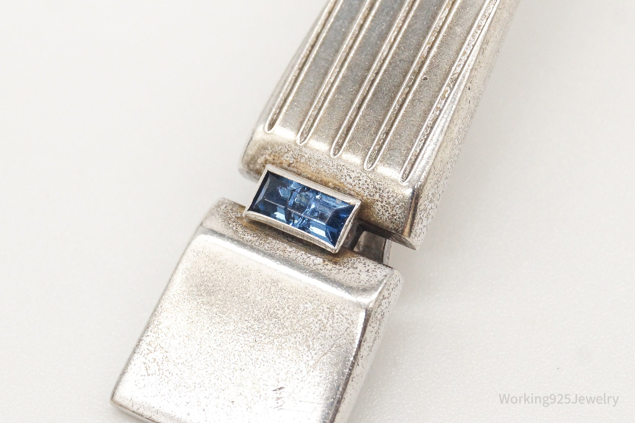 Vintage Designer Anson Blue Glass Stone Sterling Silver Tie Bar Clip