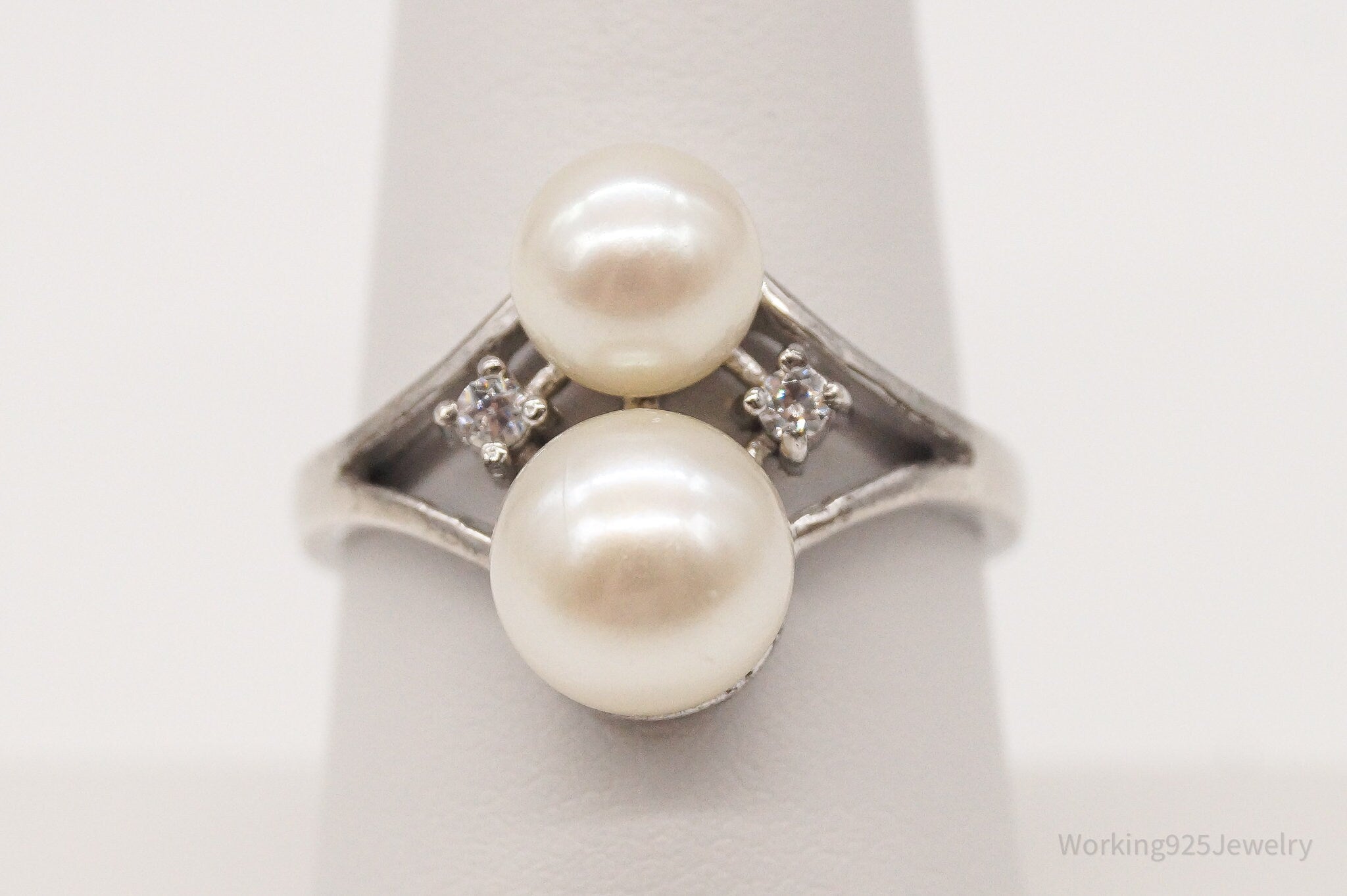 Vintage Faux Pearl Cubic Zirconia Sterling Silver Ring - Size 8