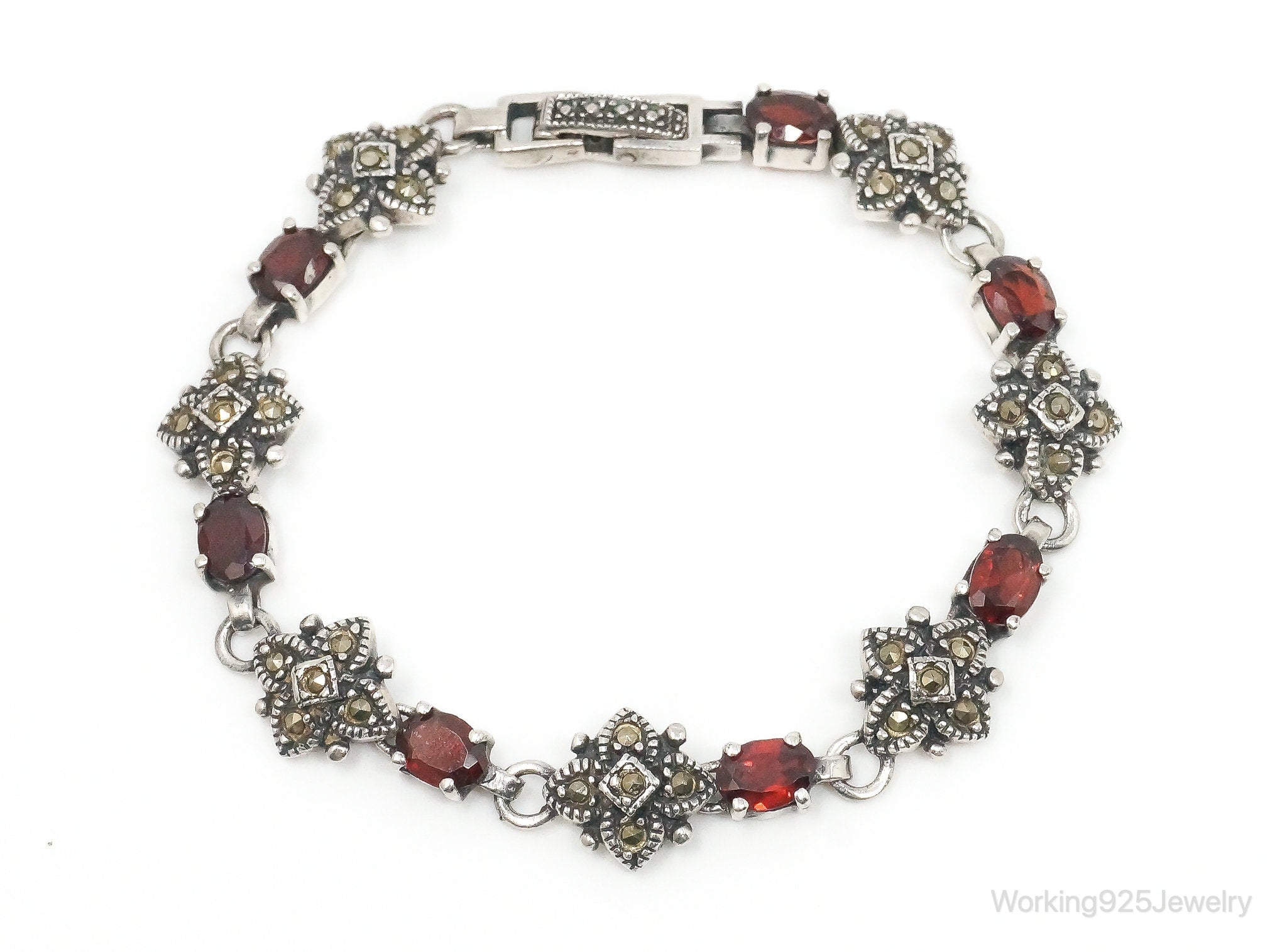 Vintage Art Deco Garnet Marcasite Sterling Silver Bracelet