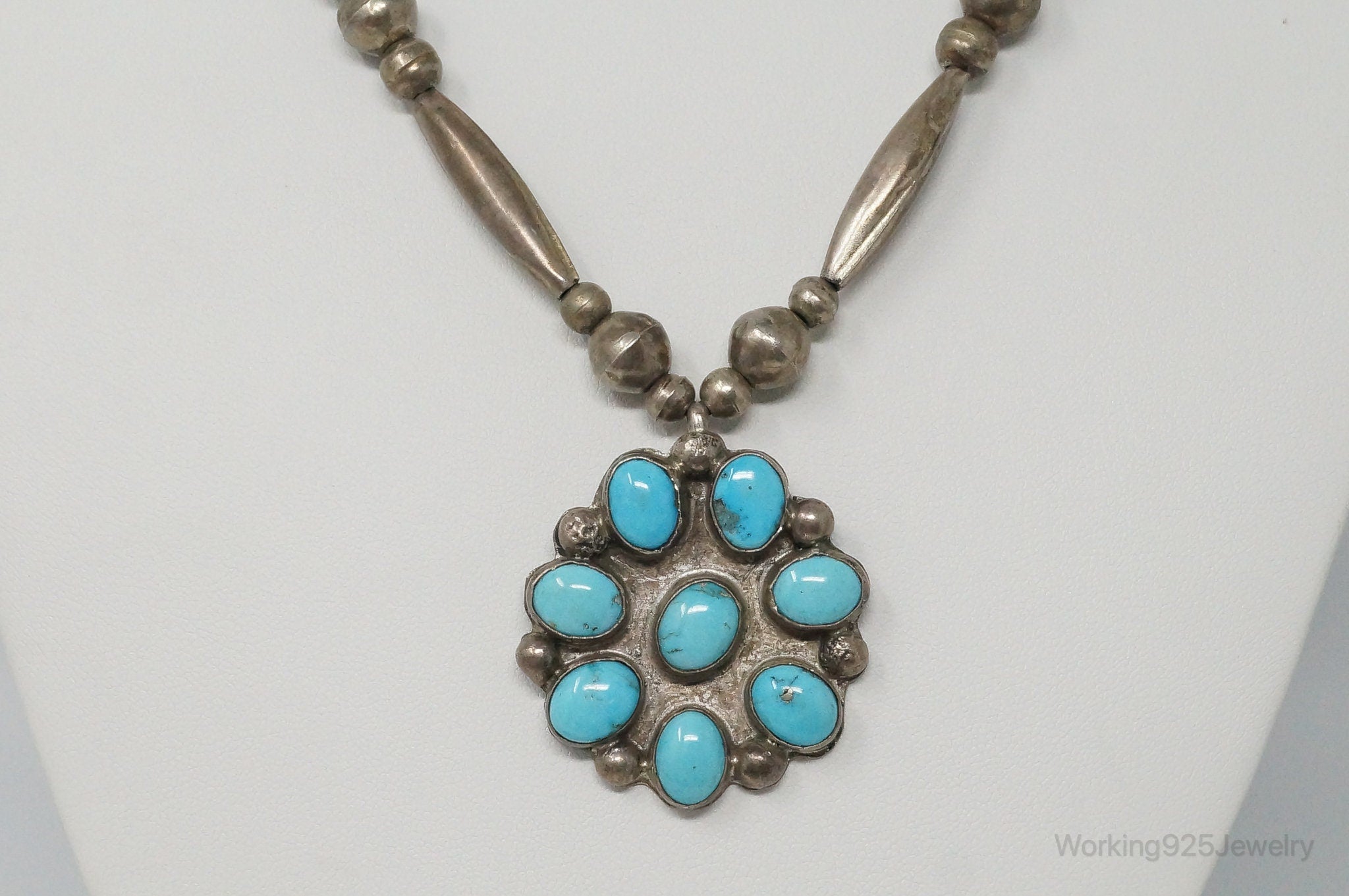 Vintage Handmade Native American Turquoise Sterling Silver Bead Necklace