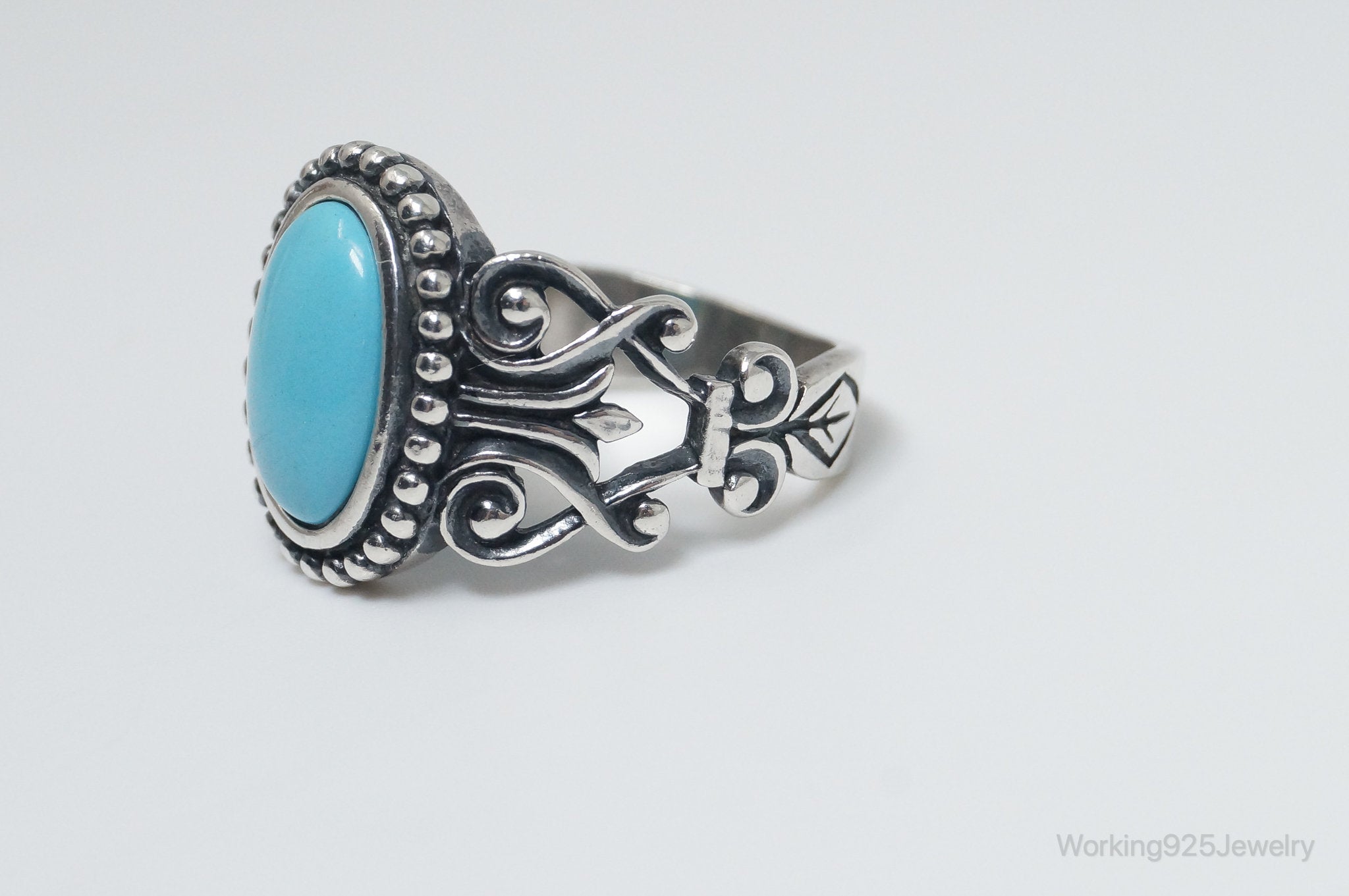 Vintage Designer Avon Turquoise Scroll Sterling Silver Ring - Size 8