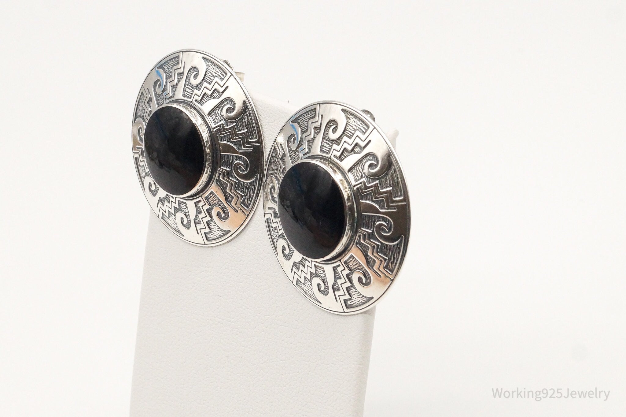 Vintage Designer KABANA Black Onyx Sterling Silver Earrings