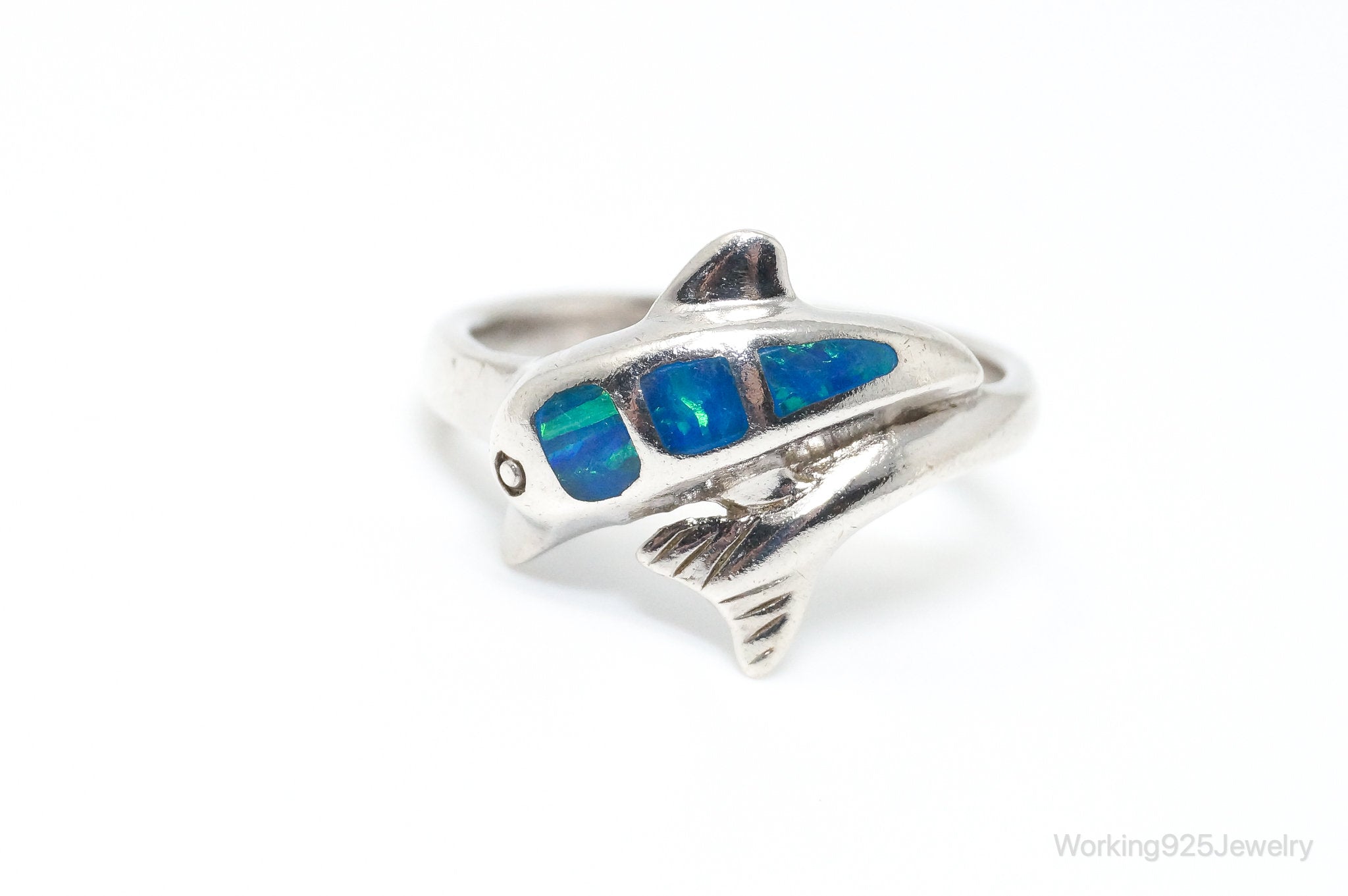 Vintage Blue Opal Dolphin Sterling Silver Ring - Size 8.5