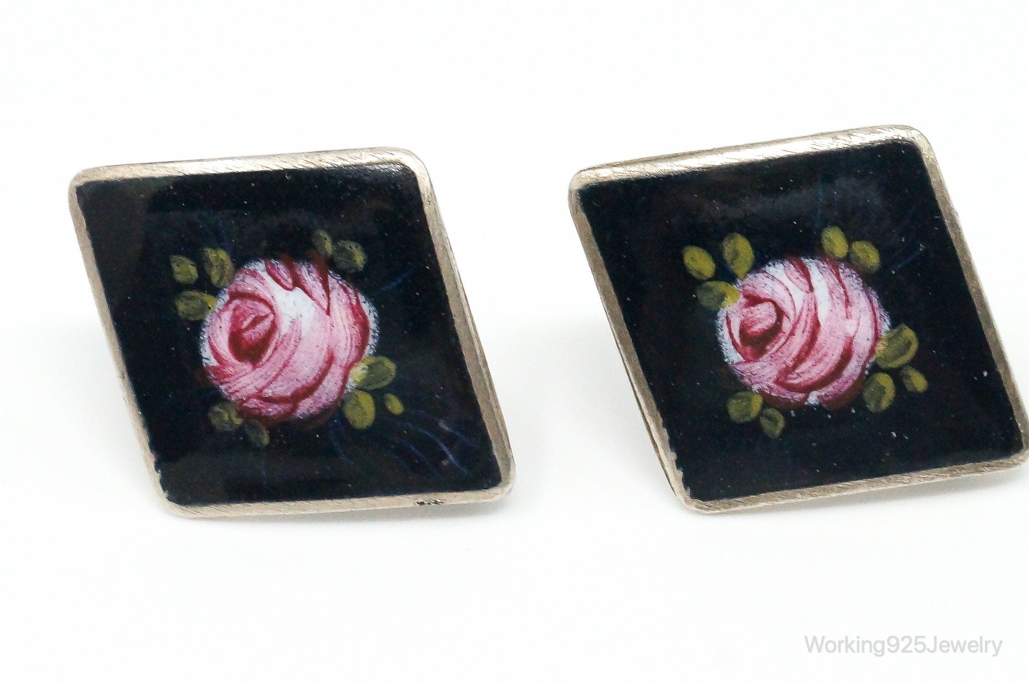 Antique Rose Picture Sterling Silver Screw Back Earrings