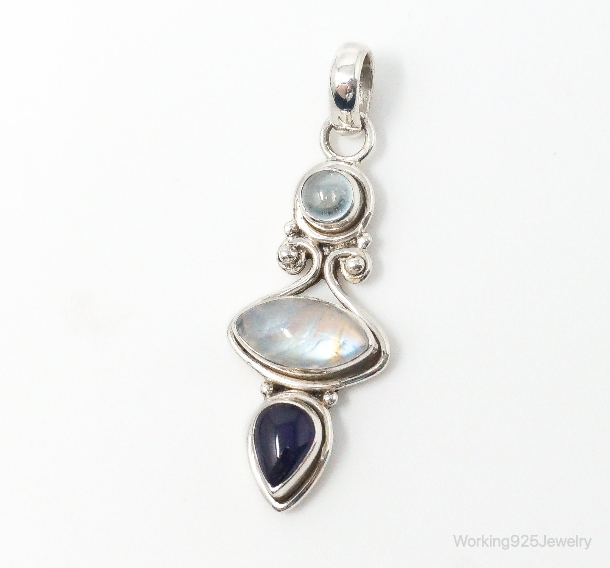 Vintage Blue Topaz Amethyst Moonstone Sterling Necklace Pendant