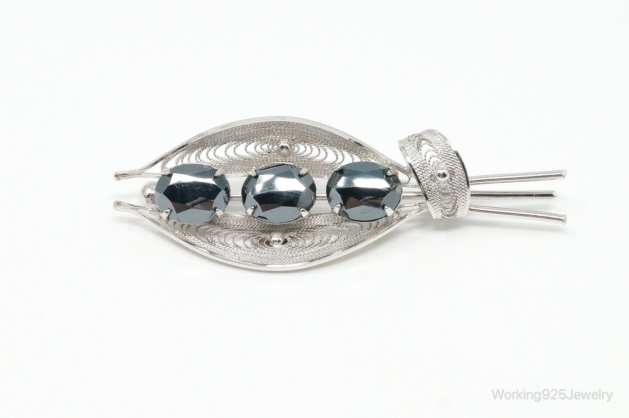 Vintage Designer Sorrento Hematite Filigree Sterling Silver Brooch Pin